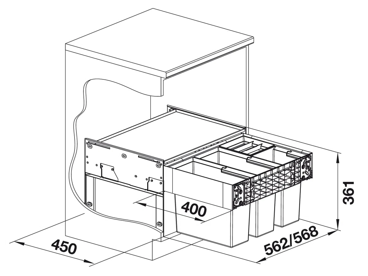 BLANCO SELECT II 60/4 | Abfall Müllsystem | für 60 cm breite Unterschränke | Auszugssystem zur Frontanbindung | 2 x 15l und 2 x 6l Eimer | 1 x Eimerdeckel 6l | 400mm Auszugstiefe | [56,8x40x36,1 cm]