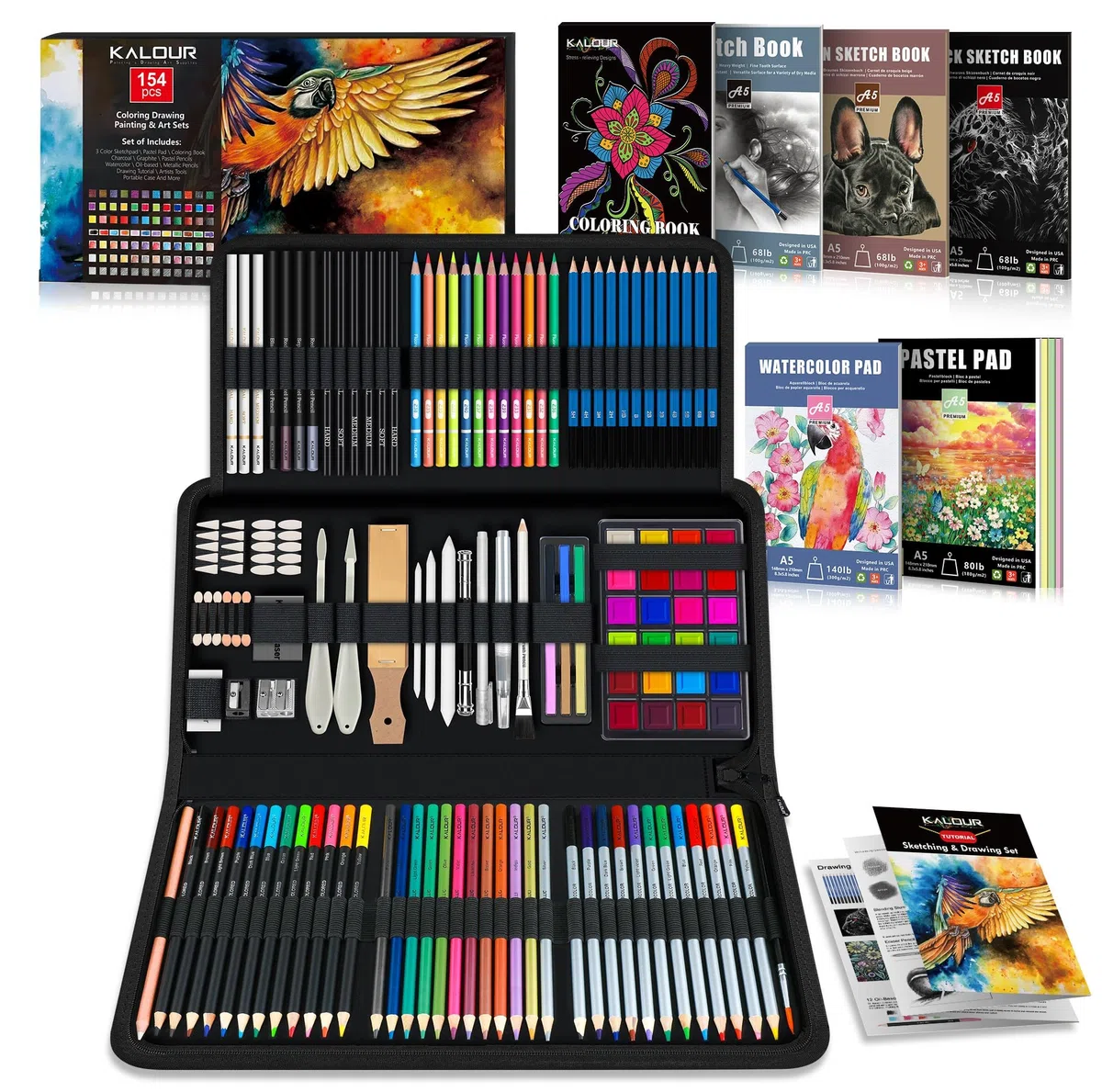 KALOUR 154-teiliges Kunstzubehör – Skizzier- und Zeichen-Set mit Skizzenbuch, Tutorialbuch, Malpapier – Graphit, Farb-, Kohle-, Aquarell- und Metallic-Bleistifte – Zeichenwerkzeuge für Künstler und