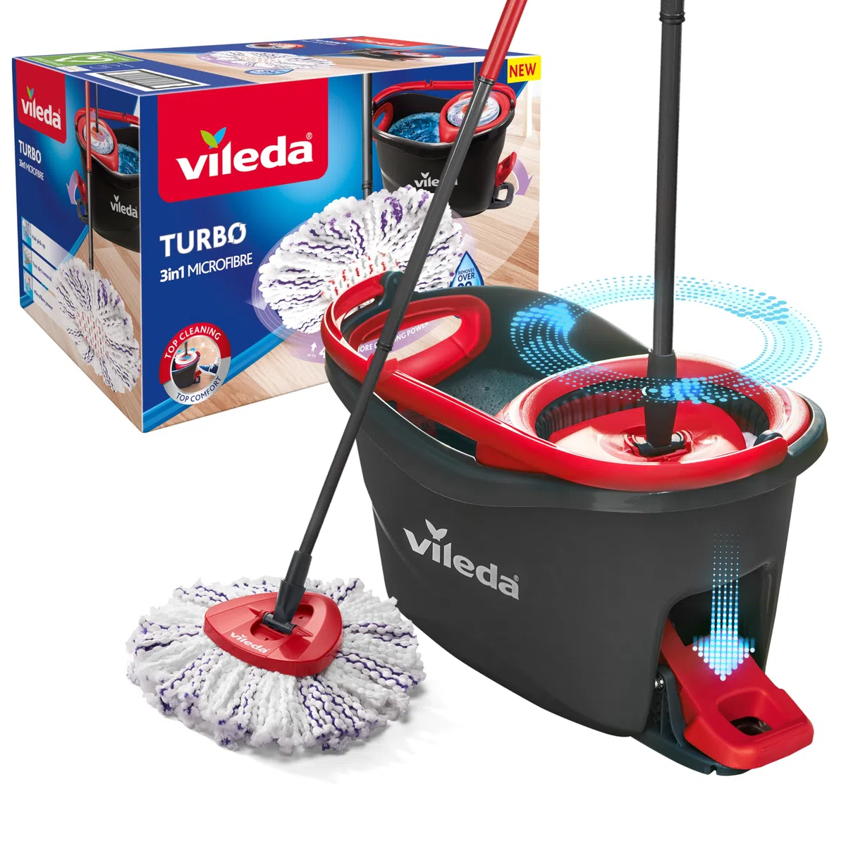 Vileda Turbo 3in1 Komplett-Set| Wischmopp mit Mikrofaser-Moppkopf gegen hartnäckigen Schmutz| Eimer mit Pedal-Schleuder -Für alle Böden| Entfernt 99 % der Bakterien,Teleskopstiel 85–123 cm |Mehrfarbig