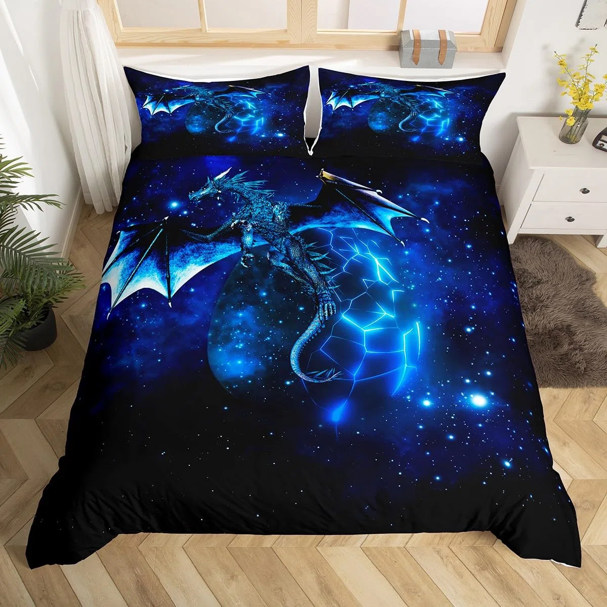 Loussiesd Galaxy Dragon Bettbezug 135x200 cm Kinder Chic Weltraum Sternenhimmel Bettwäsche Set Dschungeltiere Drachen Bettwäsche für Jungen Kinder Teens Schlafzimmer Dekor Blau Schwarz Betten Set