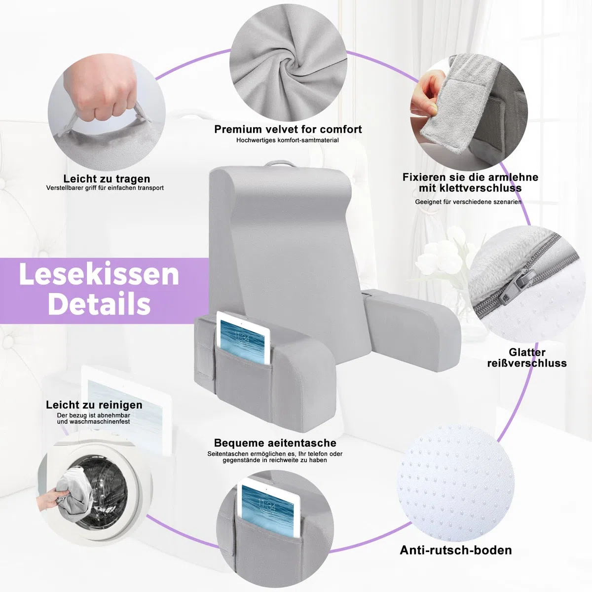 Babenest Lesekissen mit Abnehmbare Armlehnen, Komfortabel und Leicht Rückenkissen für Bett und Sofa, Sitzkissen Rückenlehne mit Waschbarer Samt zum Lesen, Gaming oder Fernsehen (L Band Modell)