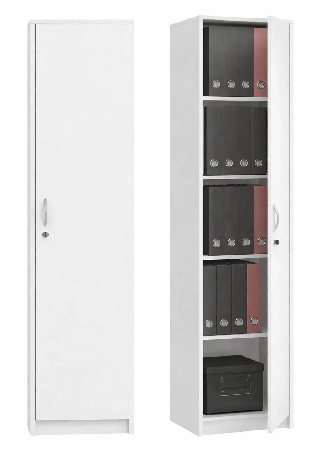 Büroschrank mit Schloss, Aktenschrank Bücherregal Büroregal mit 1 Tür und 5 Fächern Universeller Schrank für Büro und Zuhause 180x44,5x35 cm (Weiß)
