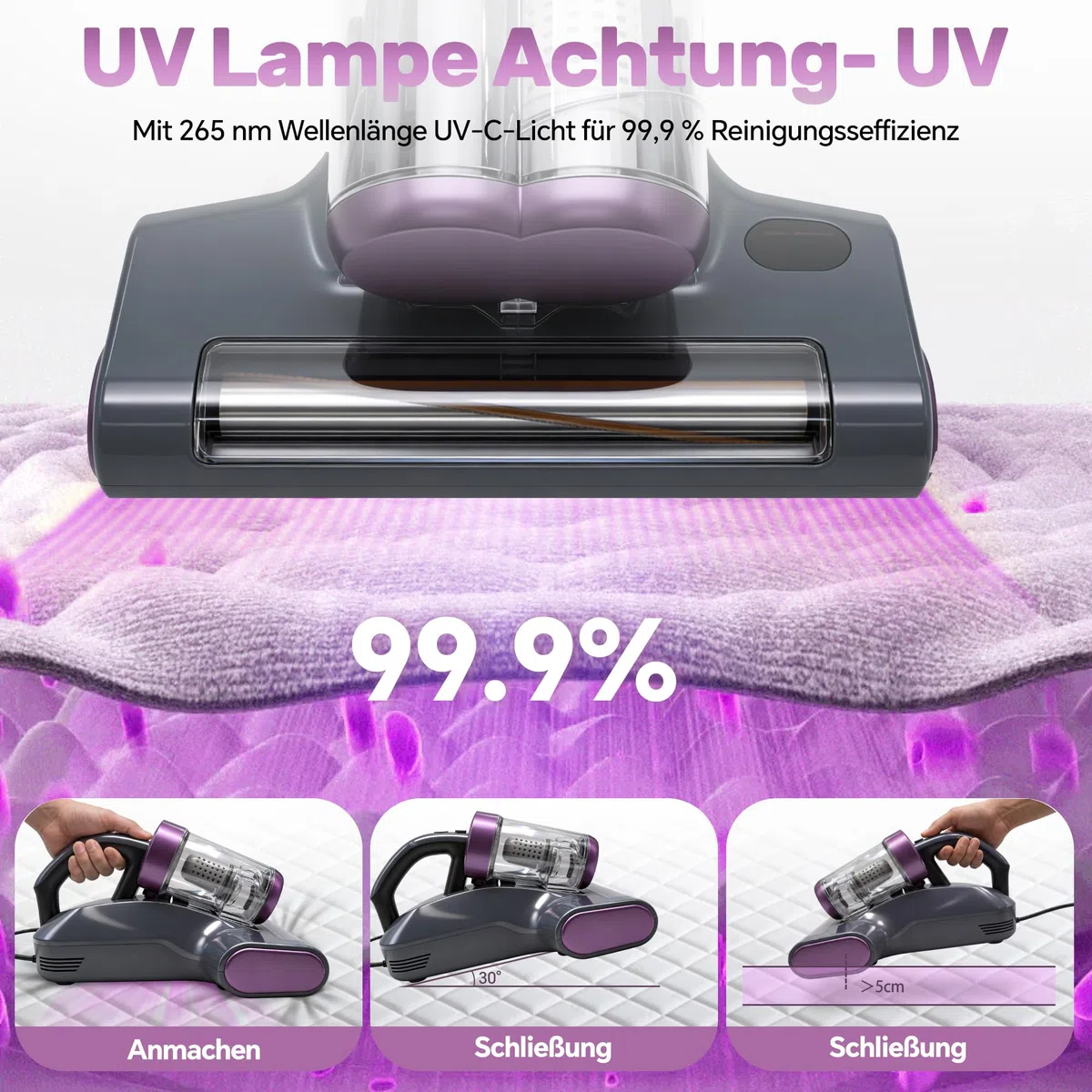 UV-C Milbensauger: Entfernt Milben & Allergene für Allergiker | 65℃ Heißluft, 3-in-1 Matratzensauger 400W, 16000Pa Saugkraft, 12.000 Schläge/min, 5m Kabel, 350ml Staubbecher