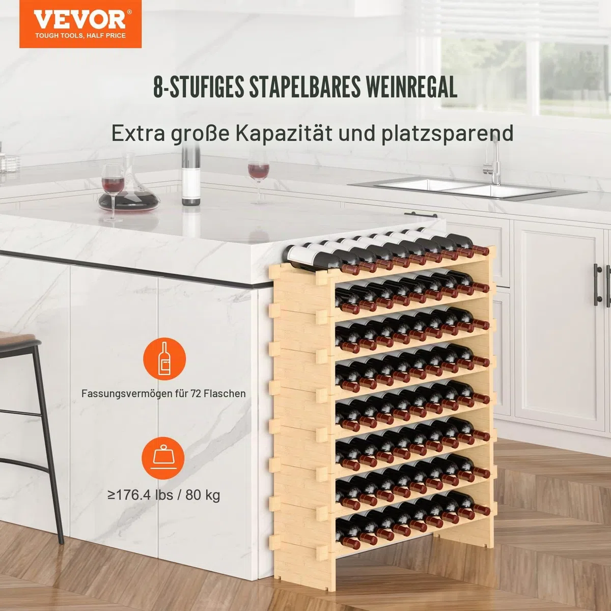 VEVOR Weinregal Weinständer für 72 Flaschen, BambusßFlaschenregal mit 8 Fächern, Stapelbar Vintage Weinständer Metall für Keller, Bar, Lagerraum usw. Flaschenhalter Weinflaschenregal 80 kg Belastbar