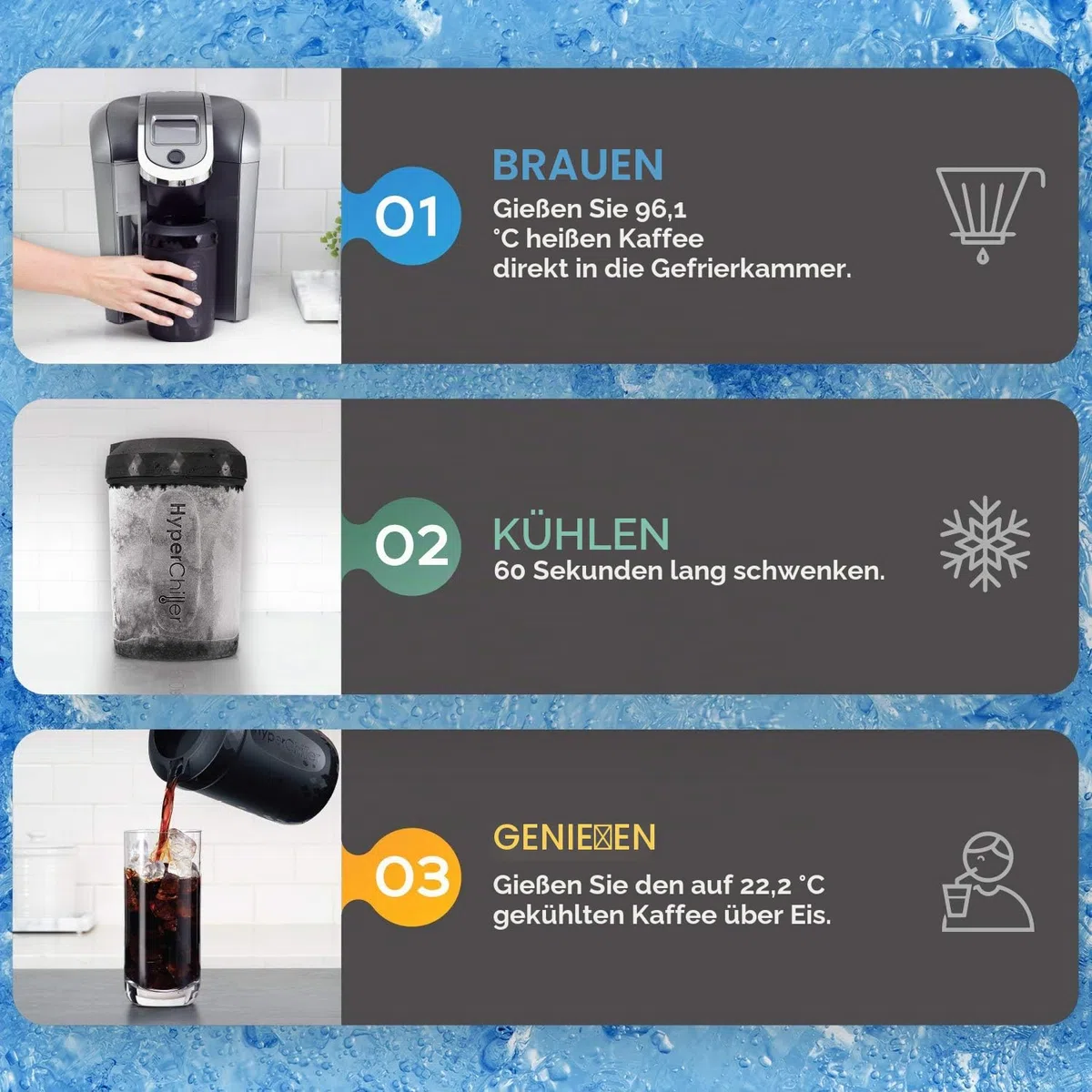 HyperChiller HC3 Eiskaffee-/Getränkekühler, patentiert, verbessert, stärker und langlebiger Fertig in einer Minute, wiederverwendbar für Eistee, Wein, Spirituosen, Alkohol, Saft, 355 ml, schwarz