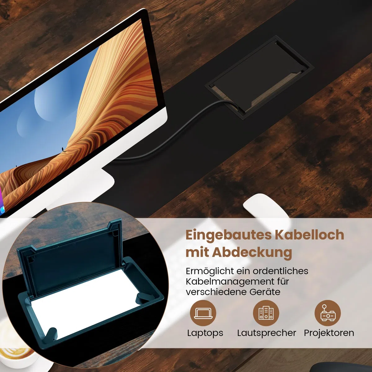 COSTWAY Konferenztisch 180x90cm, Besprechungstisch für 8-10 Personen, rechteckiger Seminartisch mit Kabeldurchführung für Büro, Konferenzraum, rustikal Braun