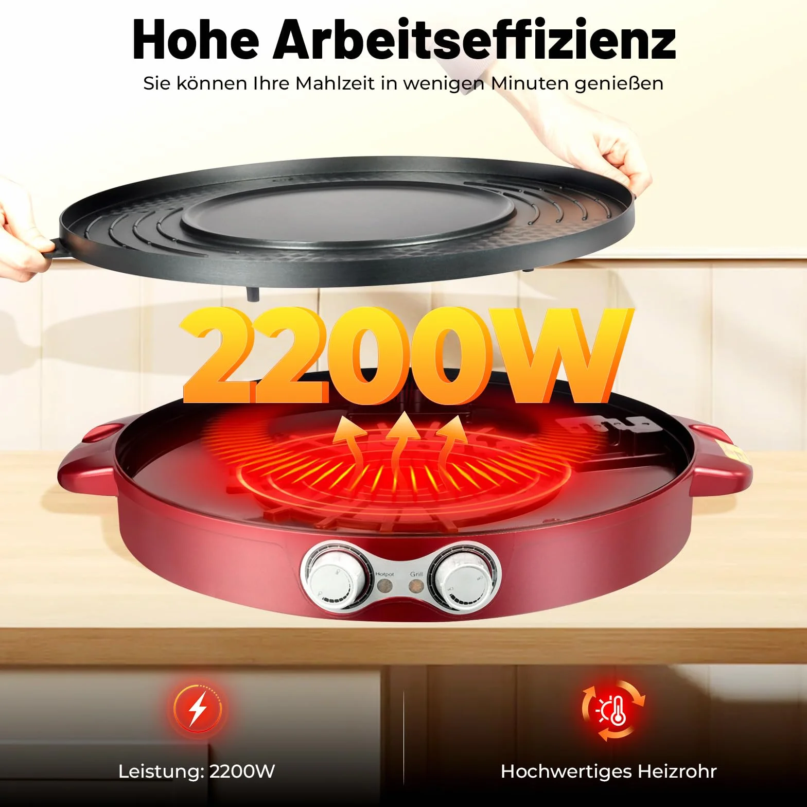 2200W Hot Pot Elektrisch Hotpot Topf 220V Elektrogrill 2 in 1 Multifunktion Elektrische Grill Hot pot mit Abnehmbar Kochplatte, Elektrische Hot Pots für Wohnheim Zuhause (Rot)