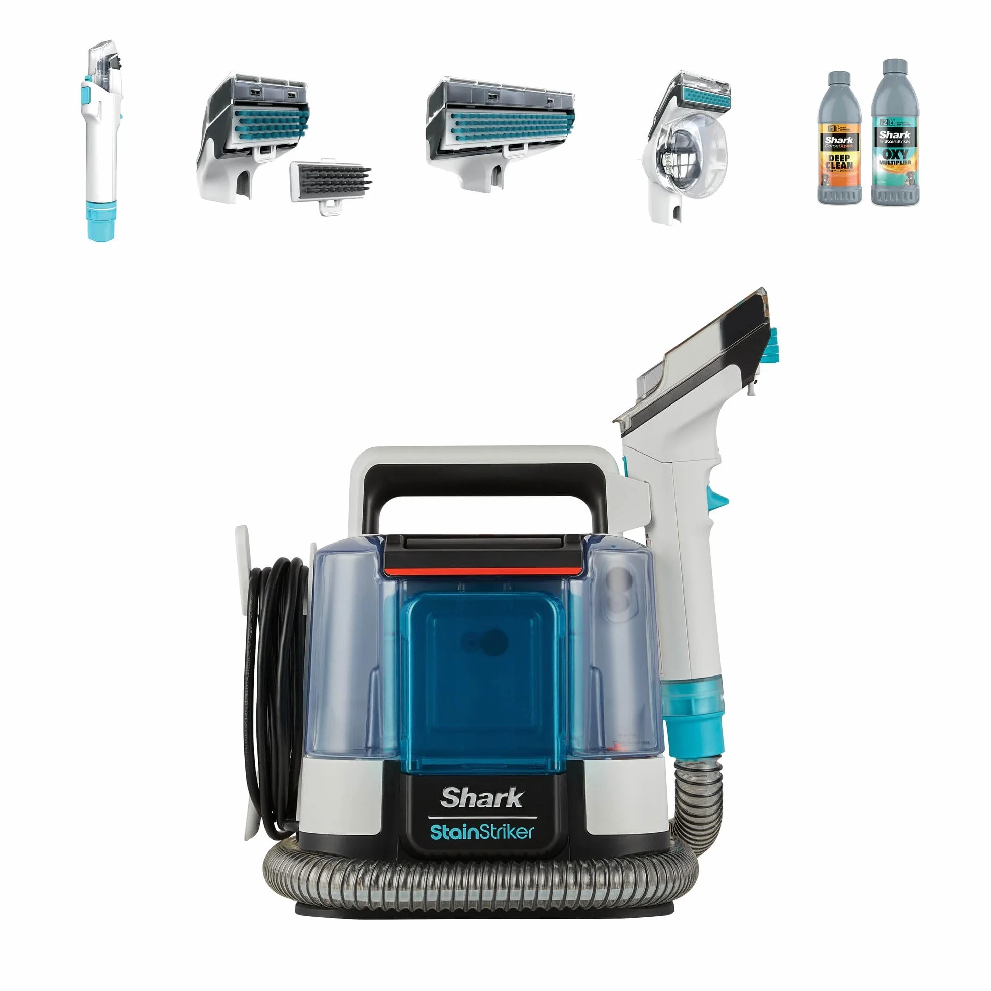 Shark StainStriker Fleckenreiniger mit 5 Aufsätzen, reinigt Teppich- und Polsterfasern, gegen Speisereste, Flüssigkeiten und Tiergeruch, leicht und tragbar, 450W, Weiß/Türkis, PX200EUT
