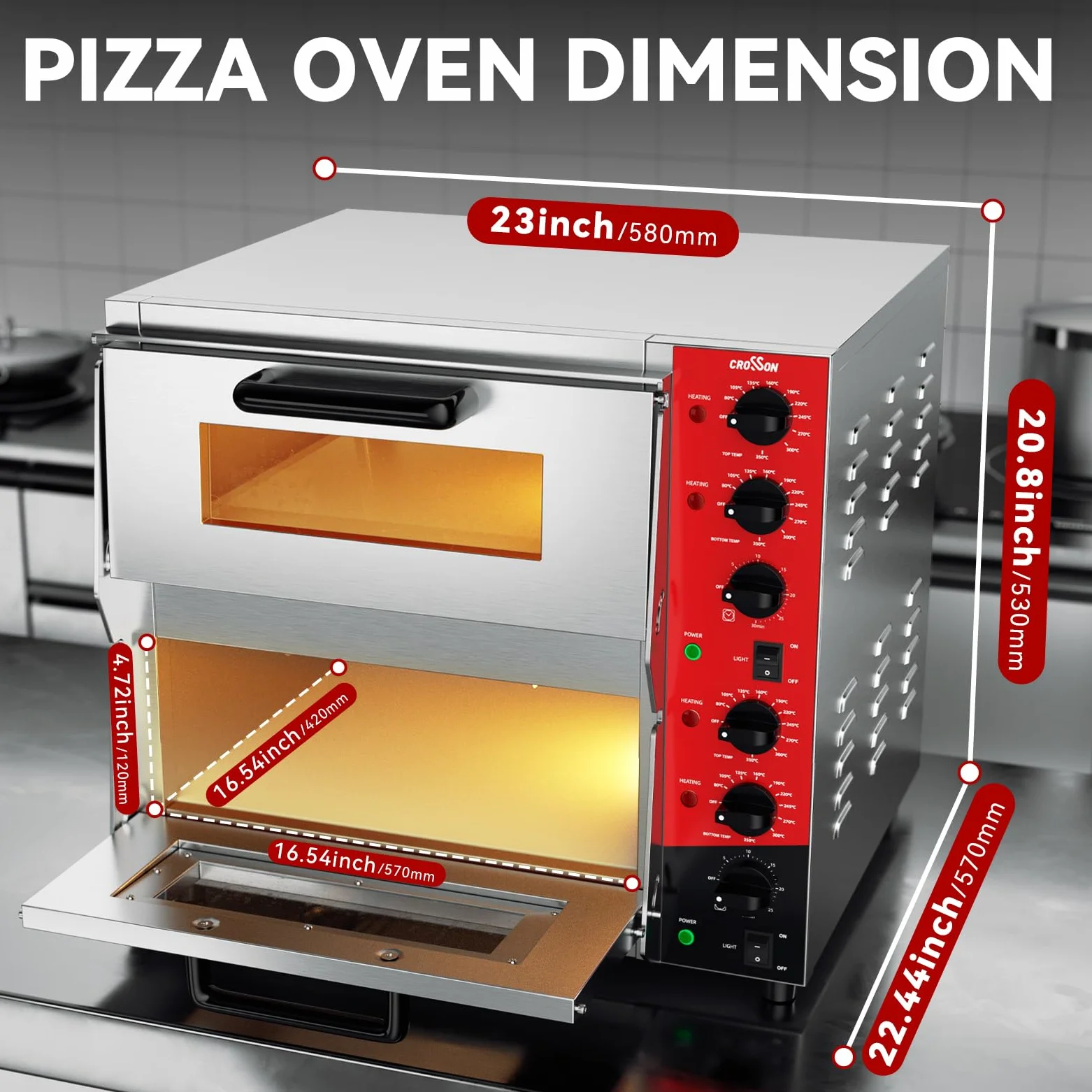 CROSSON Professional Doppel Pizzaofen mit 400x400 mm Schamottstein,Kommerzieller Pizzabackofen Elektrisch Edelstahl mit 30-Minuten-Timer 350℃ für Pizza, Brot und Backwaren,4000W