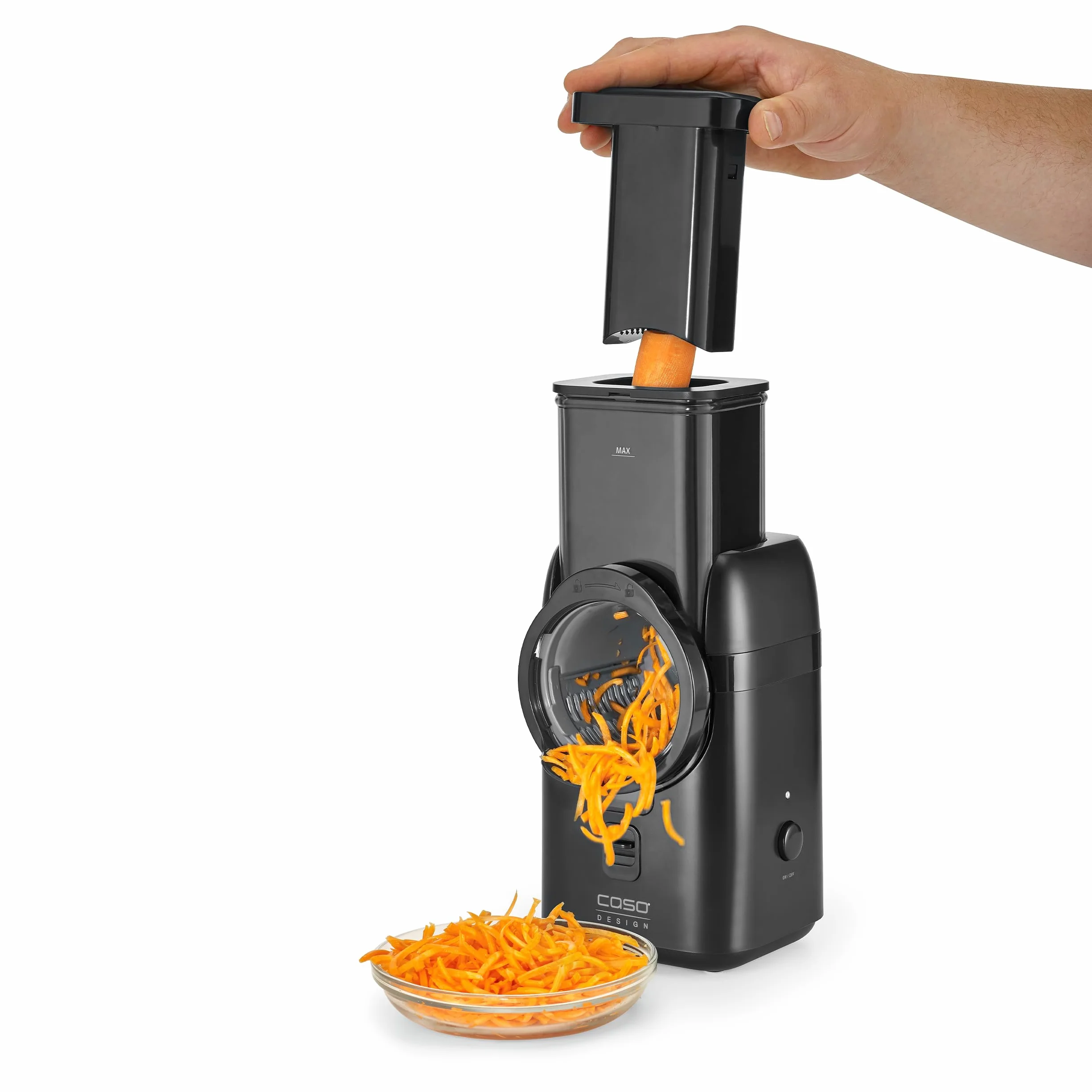 CASO MultiSlicer, Elektrische 5-in-1 Multireibe, Reiben & Raspeln von Obst, Gemüse,Käse & mehr, 5 Einsätze, Safety-Stopp, One-Touch-Bedienung, Kompakt & Kraftvolle 80 Watt