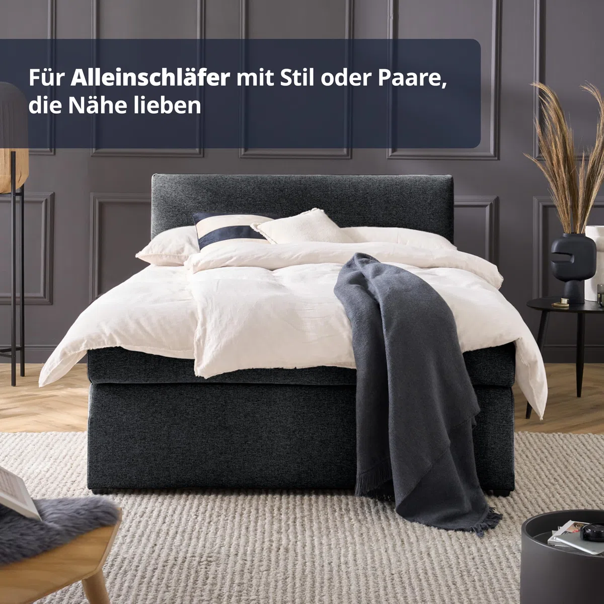 KHG Boxspringbett schwarz Härtegrad H3 mit Matratze Bonellfederkern und Topper 100% Polyester Schaumstoffkern Gestell Holzwerkstoff gepolstert stoffbezogen zeitlos