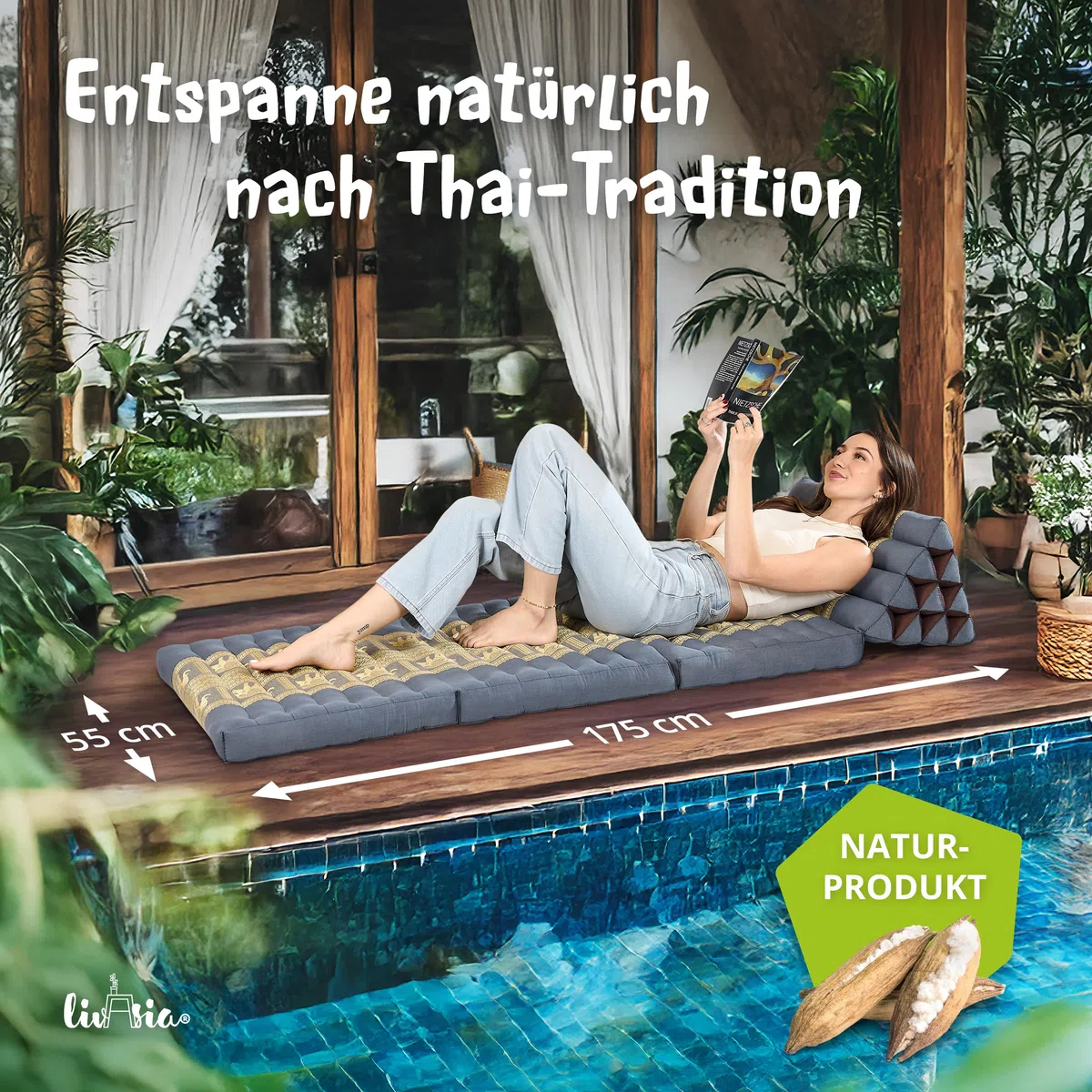 livasia Thaikissen 3 Auflagen Thaiseide - 175x55x8cm - Dreieckskissen mit Klappmatratze, Rückenkissen faltbar, Thaimatte zum Klappen, Kapok handgefertigt, Meditationskissen (Grau/Elefanten Seide)