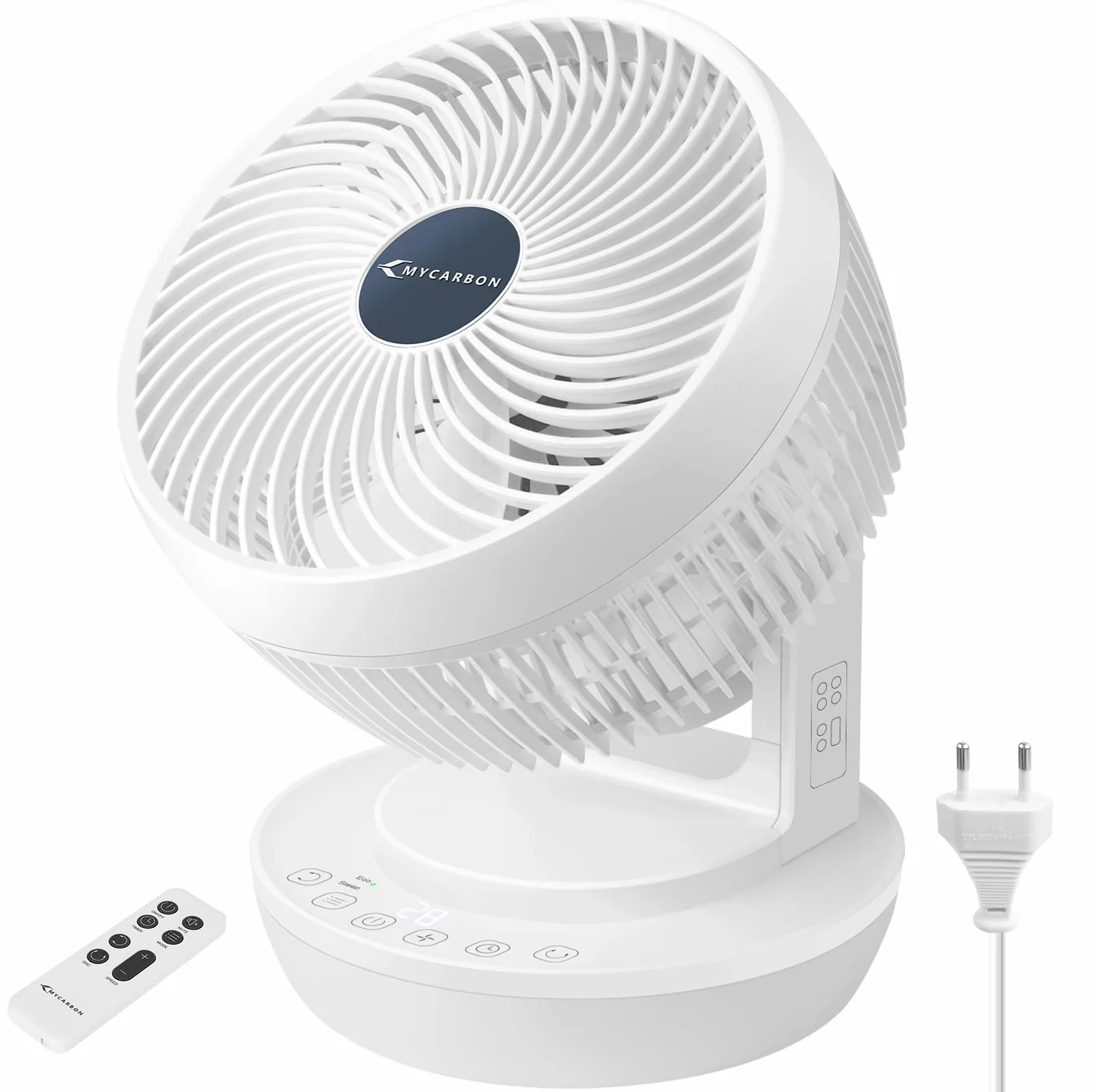 MYCARBON Leiser Ventilator mit Fernbedienung 1800 m³/h ECO-Modus 3D Oszillation 4 Geschwindigkeiten 12 Stunden Timer Tischventilator