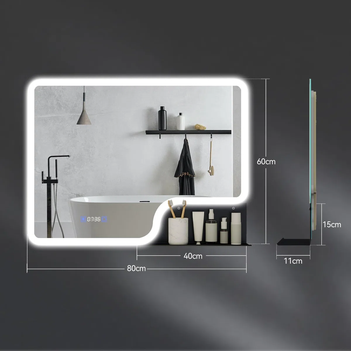 YOURLITE LED Badspiegel mit Beleuchtung und Ablage 80x60cm,Bad Spiegel Badezimmerspiegel Uhr,Wandspiegel mit Beschlagfrei,Touch-Schalter,3 Lichtfarben Dimmbar,Speicherfunktion