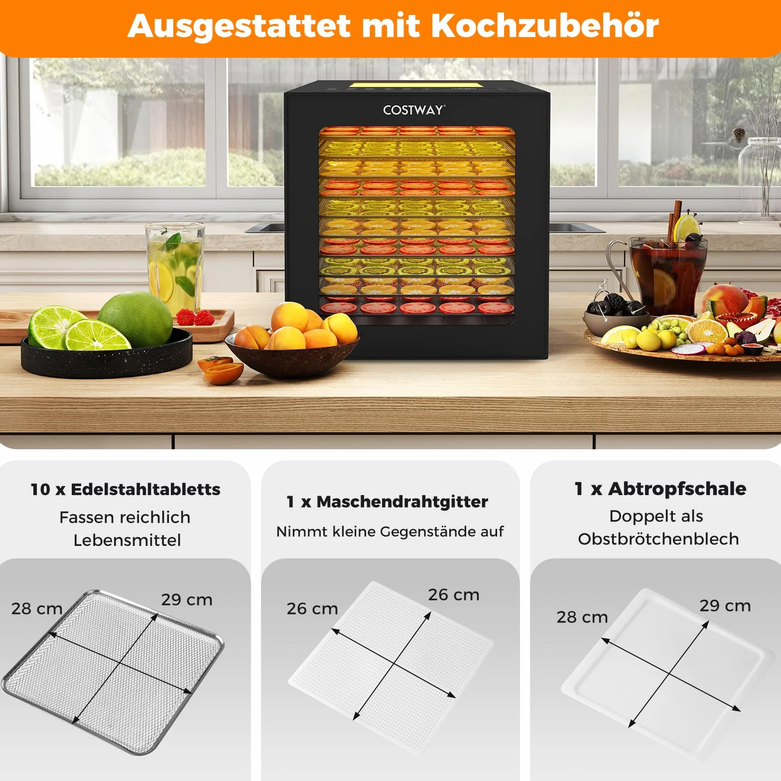 COSTWAY 850W Dörrautomat inkl. 10 Edelstahl-Schalen, Dörrgerät mit 10 voreingestellten Programmen, 48H Timer & 30-75℃ Temperatur, Lebensmittel-Trockner für Obst, Gemüse, Fleisch