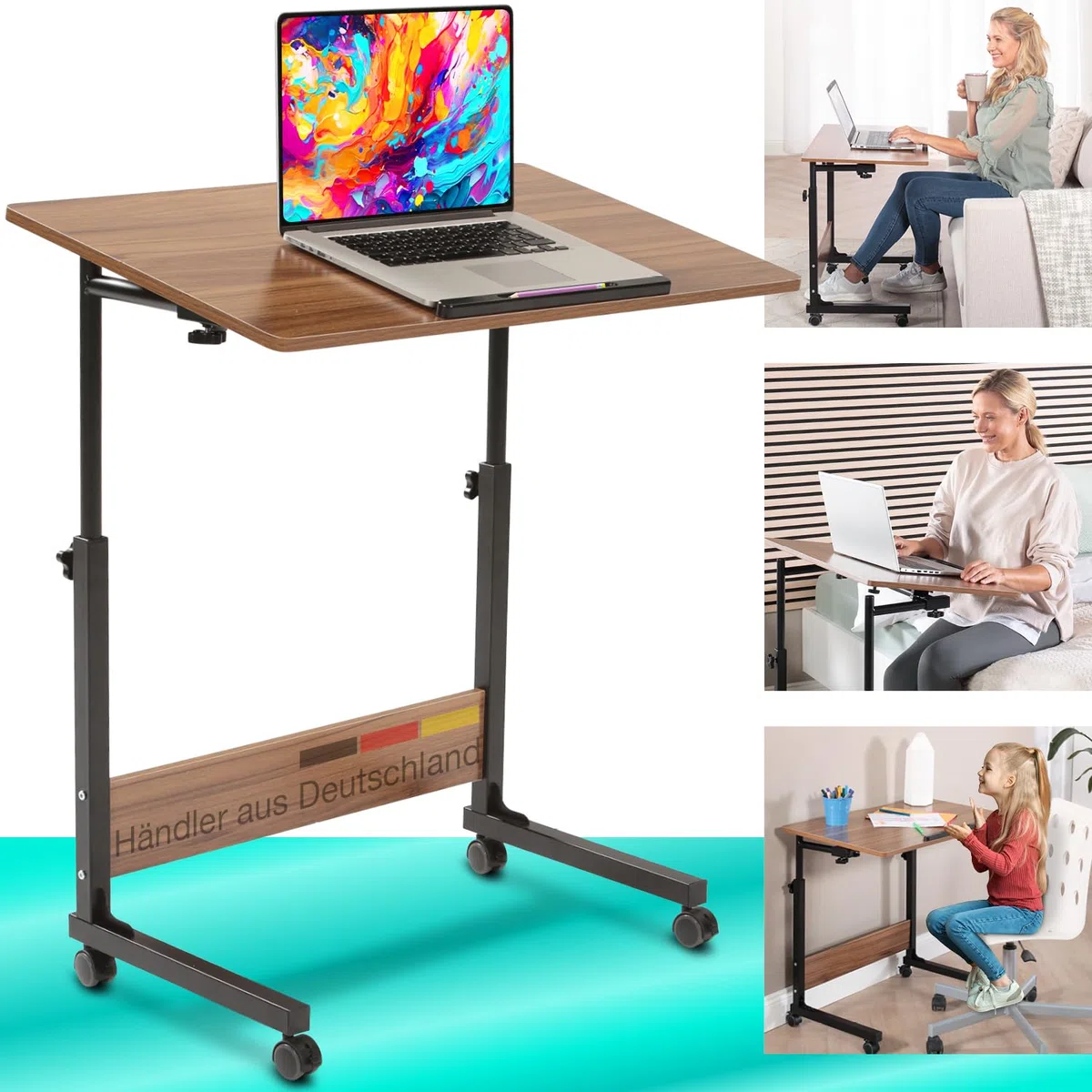 maxVitalis mobiler Laptoptisch Schreibtisch Computertisch Pflegetisch höhenverstellbar mit Rollen, Tischplatte neigbar, Multifunktionaler Beistelltisch für Bett Sofa Couch, Laptopständer (Holz-Optik)