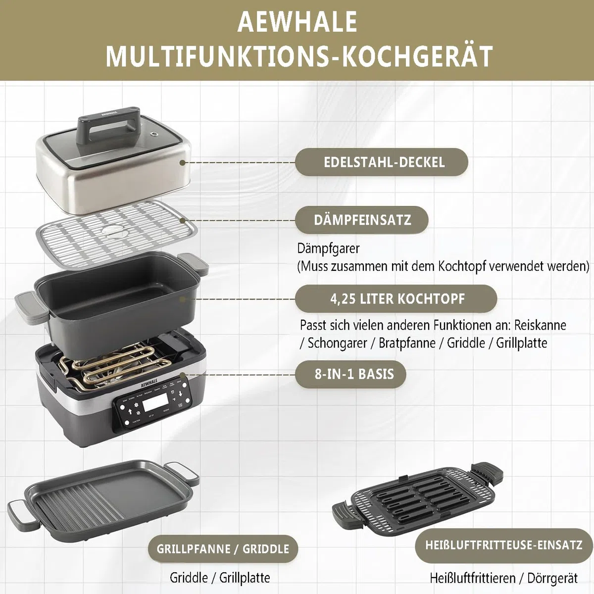 AEWHALE 8-in-1 Multikocher mit Air Fryer 4.25L, Reiskocher, Slow Cooker, Dampfgarer& Warmhaltefunktion|4 Zubehörteile | Antihaftbeschichtete, austauschbare Platten und Pfannen