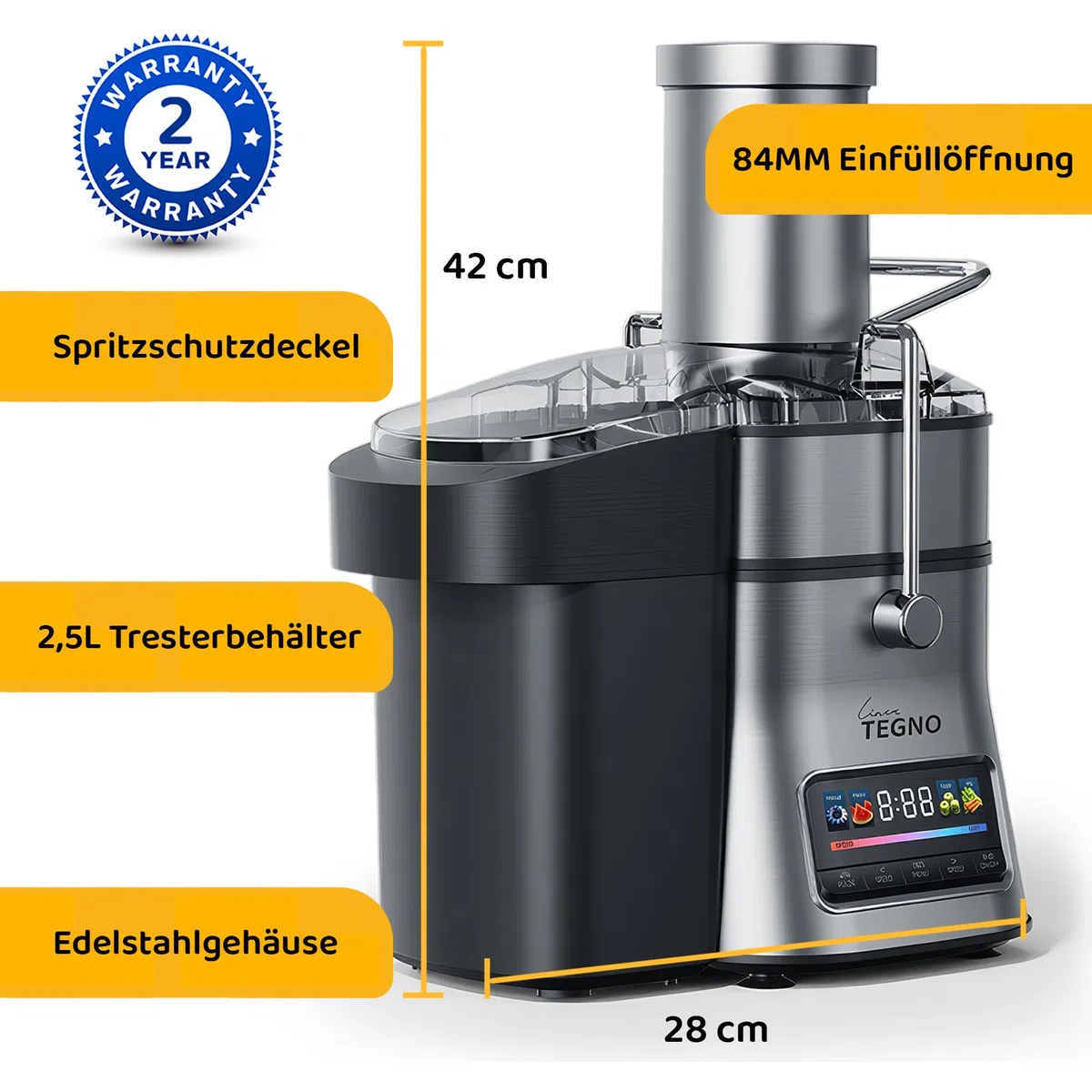 Super Juicer - Linea Tegno - Professioneller Edelstahl Entsafter - Entsafter für Obst und Gemüse - 1500W - Extra große Einfüllöffnung - 2,5L Fruchtfleischbehälter - 1L Saftbecher, LED-Farbdisplay