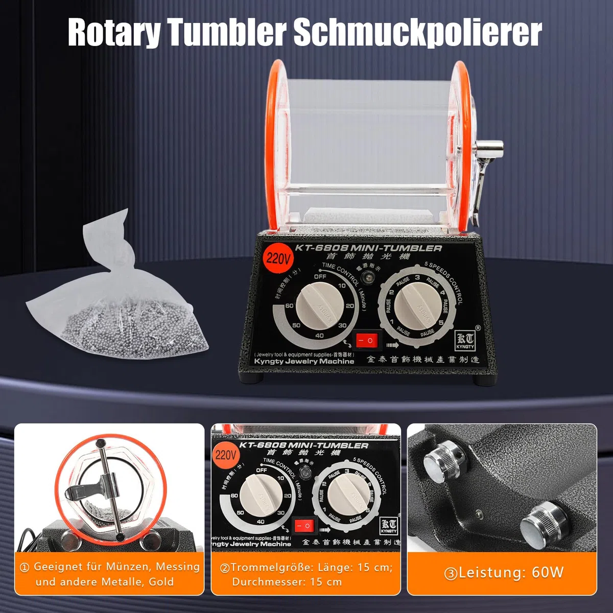 3Kg 220V Elektrische Rotationspolierer, Rotary Tumbler Schmuck Polierer, Schmuck Polieren Trommel Kugelmühle Gerät, Kugelmühle Trommel Polierer 5 Geschwindigkeiten mit Timer Polisher