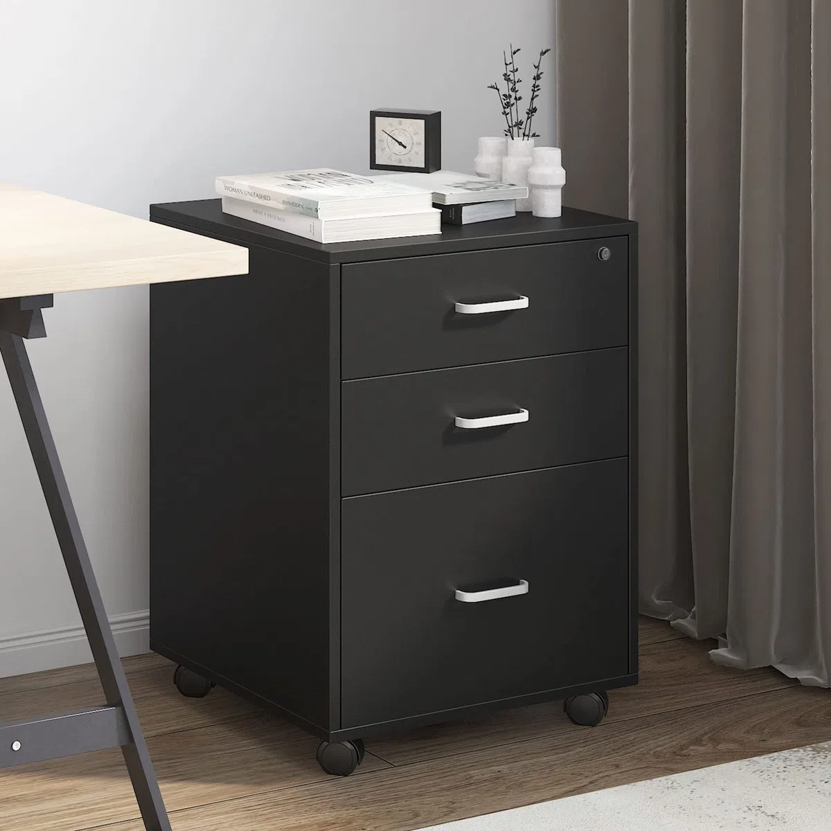 sogesfurniture Rollcontainer, Aktenschrank, Büroschrank, Aufbewahrungsschrank auf Rollen, abschließbar, Beistellschrank mit 3 Schubladen, Mehrzweckschrank für Arbeitszimmer, Büro, Schwarz