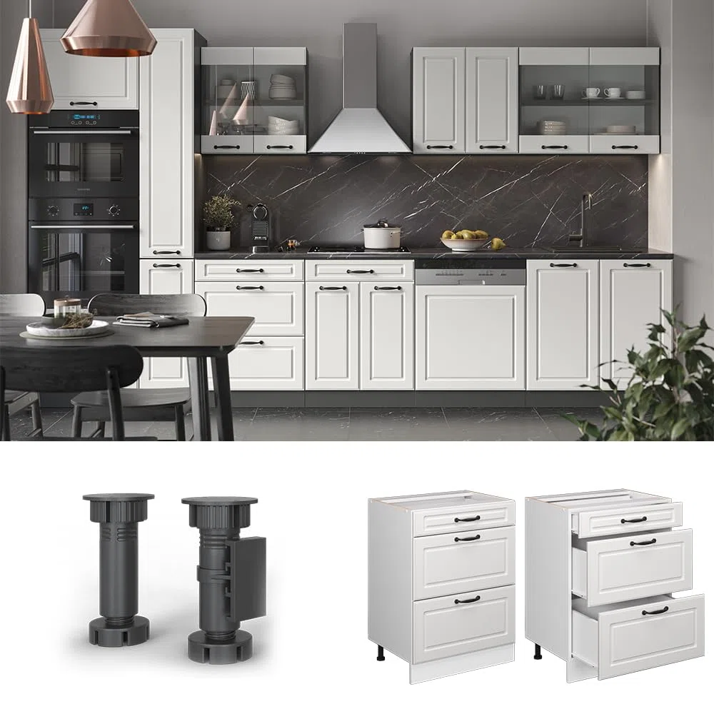 Vicco Küchenunterschrank R-Line, Weiß Landhaus, 60 cm mit Schubladen, ohne Arbeitsplatte, zur freien Kombination innerhalb modularer Küchensysteme