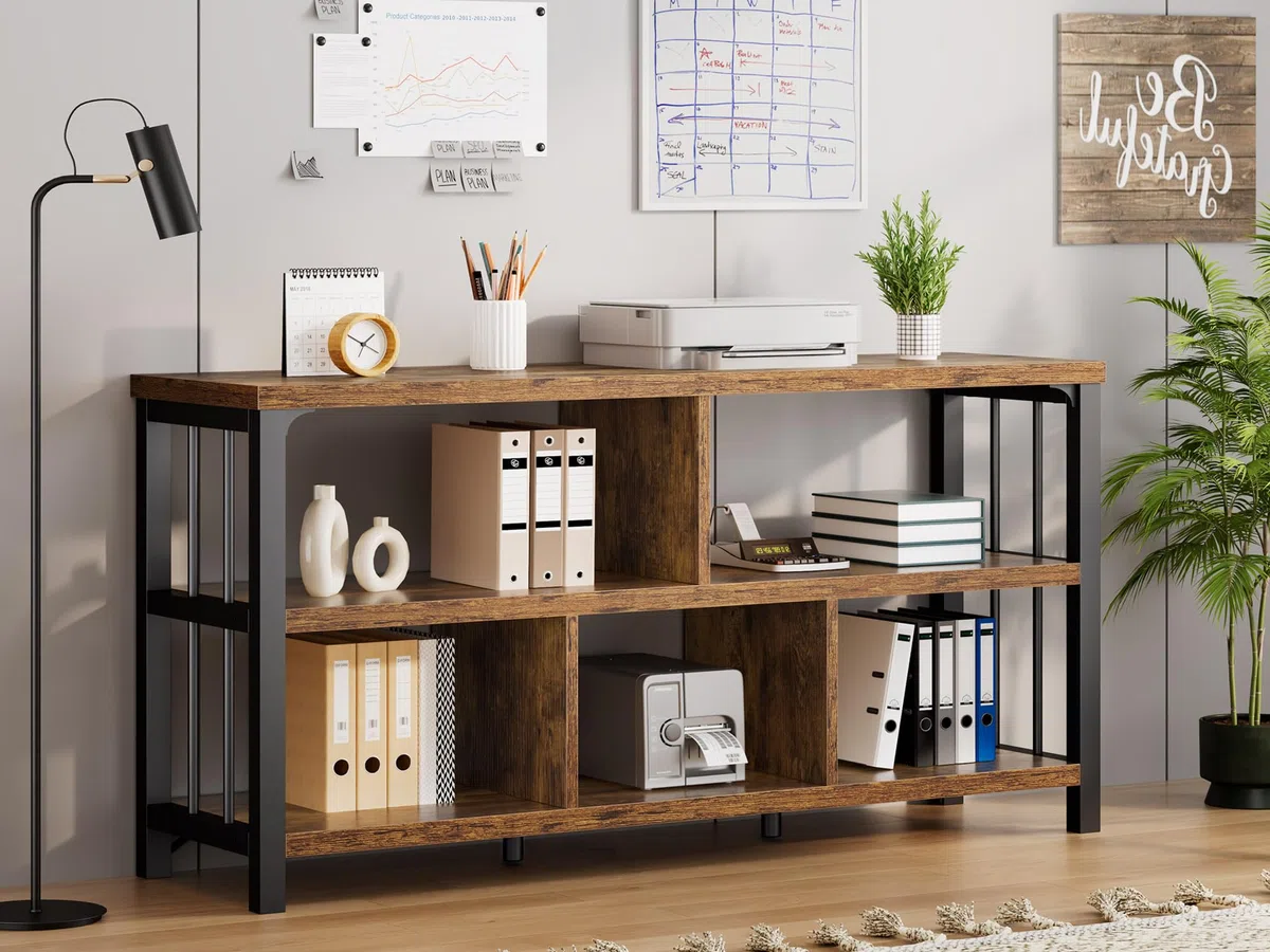 IBF Bücherregal 140 cm Wohnzimmerregal Standregal mit 5 Fächern Würfelregal als Büroregal aus Holz und Metall modernes Regal für Schlafzimmer in Rustikalem Braun