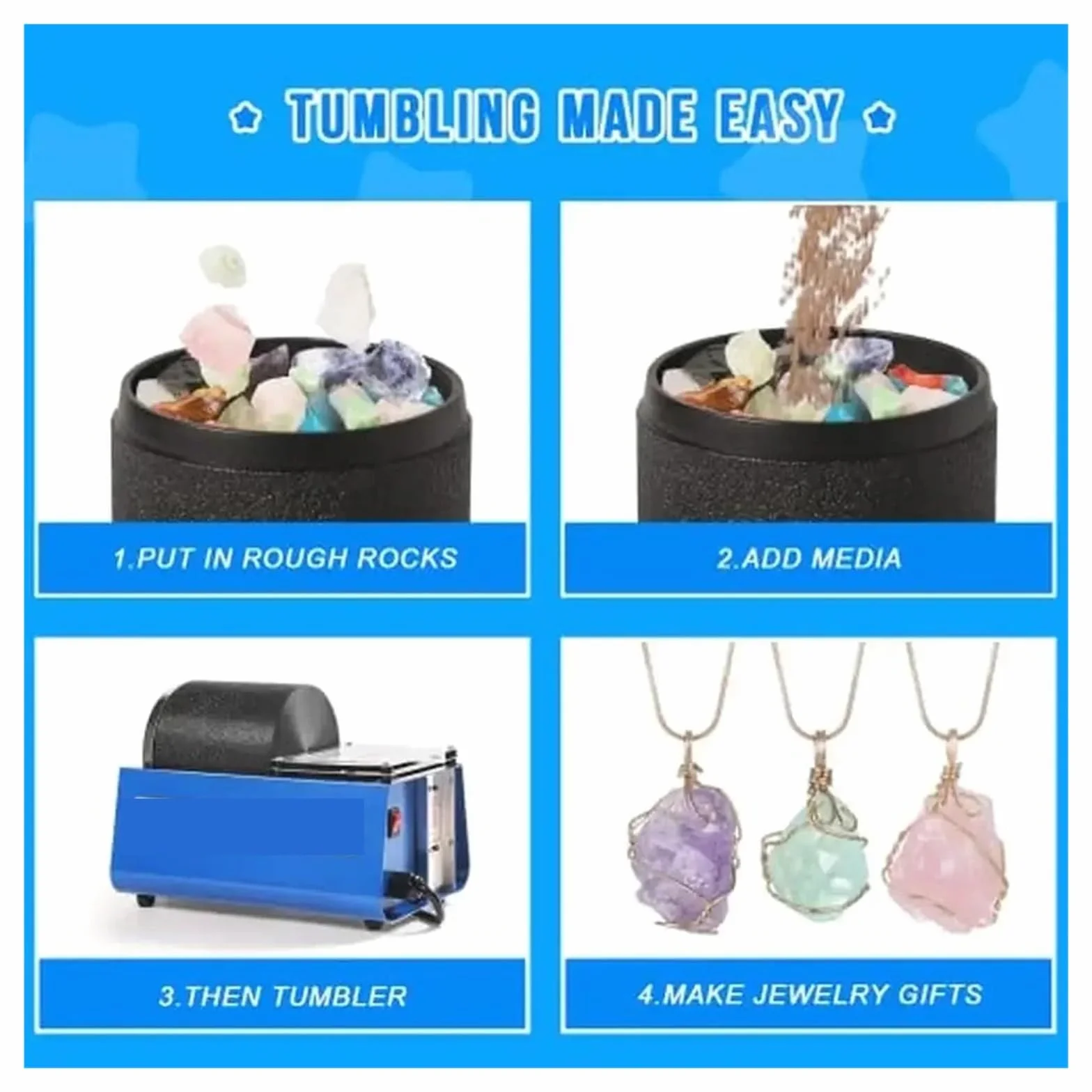Rock Tumbler Kit 1,4 kg, Barrel Easy Rock Polishing All Ages Leak Proof Rubber Barrel Quiet Operation DIY Stone Making Kit with Jewelry Polishing Finishing Machine