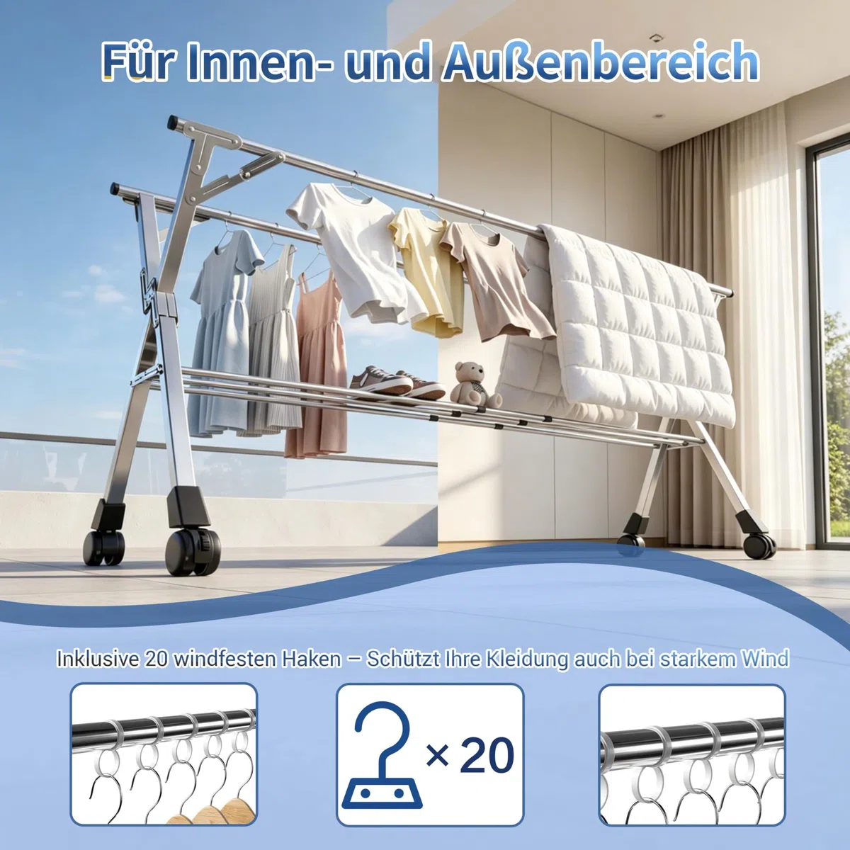 Wäscheständer 240 cm, Faltbarer Kleiderständer für drinnen und draußen, Wäscheständer zusammenklappbar, Wäscheständer aus robustem Edelstahl, Kleiderständer mit 20 Haken und 12 Klammern (240cm)
