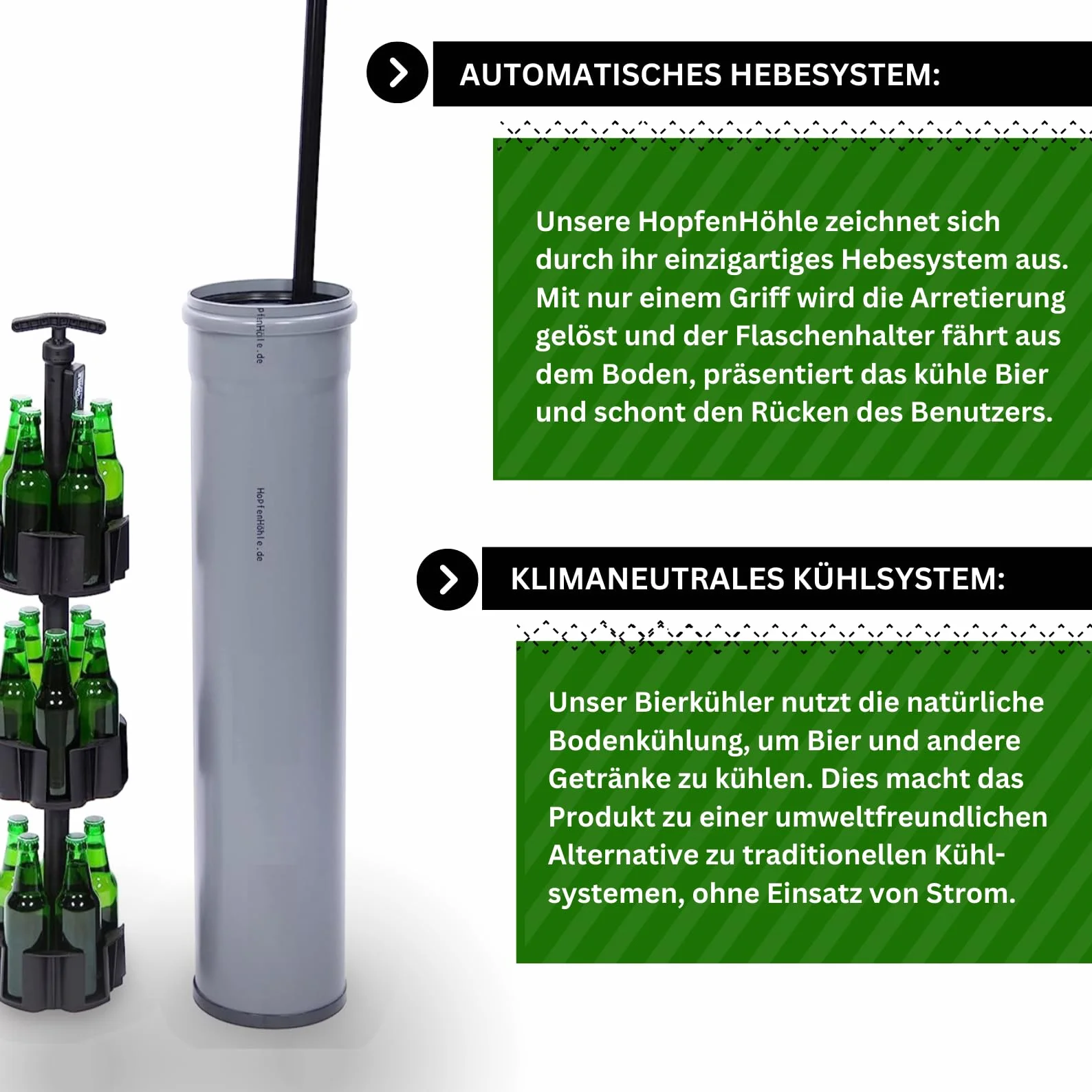 Hopfenhöhle Lift - Das Original! I Automatisches Hebesystem I Flexible Kapazität für bis zu 15 Getränke (0,33/0,5 l) I Erdkühlung | Einfache Installation I Wetterfeste Konstruktion