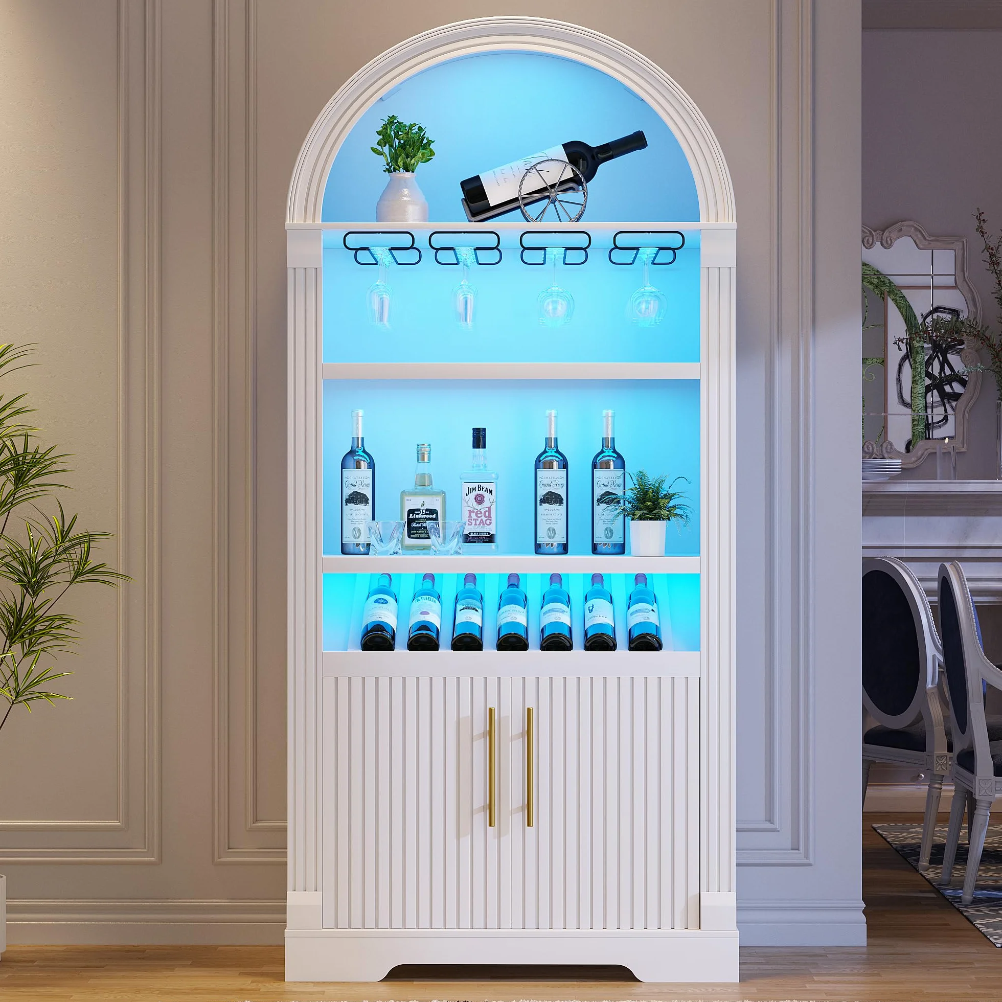 LVSOMT LED Bogen Weinschrank Holz, 180cm Barschrank Modern, 3 Farben Licht, 4 Reihig Rotweinglas Regal, 2 Tür Stauschrank, Weinschränke für Küche Esszimmer Wohnzimmer, Weiß