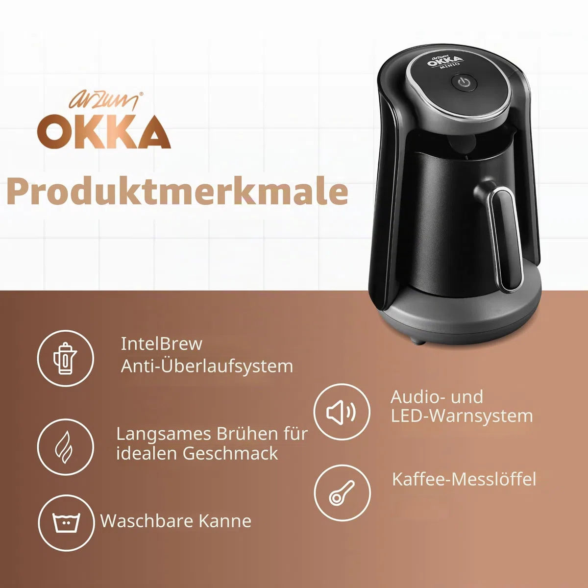 Arzum Okka Minio Türkische Kaffeemaschin Mit Patentiertem Überlaufsensor, Idealem Brühen Bei Niedriger Hitze Und Waschbarer Kanne Für Bis Zu 4 Tassen
