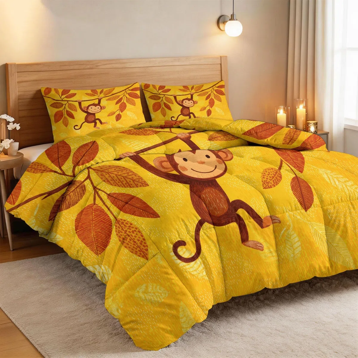 Bettdecke ohne Bezug 135 x 200 cm für Jungen Mädchen Kinder Babygeschenk, Waschbare Süß Natur Tiere Affe Ganzjahresdecke Steppdecke - Gelb Schlafdecke Sommerdecke Bedruckt für alle 4 Jahreszeiten