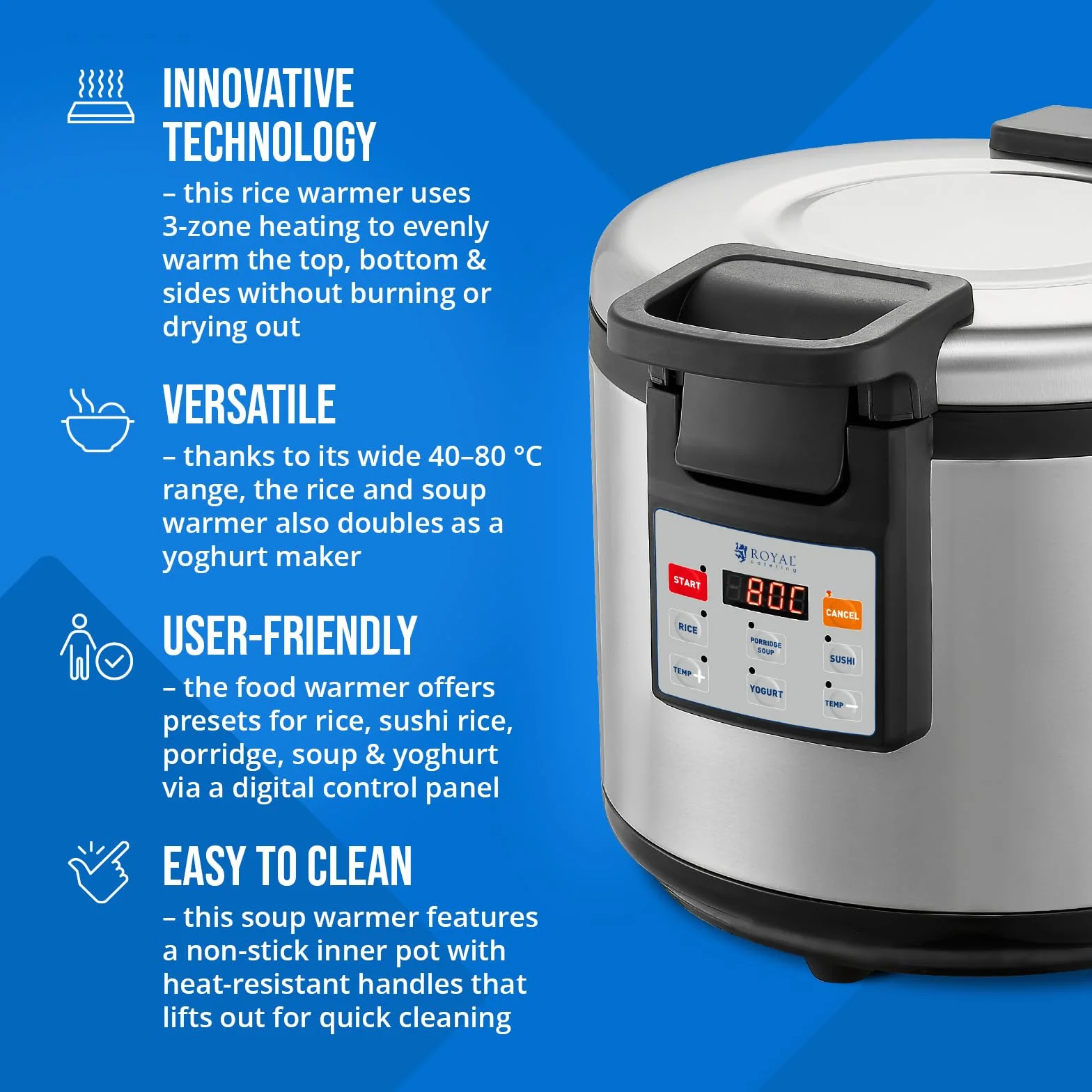 Royal Catering Reiswärmer 26 l 110 W 3 Heizzonen digitale Bedienung antihaftbeschichteter Gartopf inkl. Reislöffel Joghurtbereiter Suppenwärmer Speisenwärmer