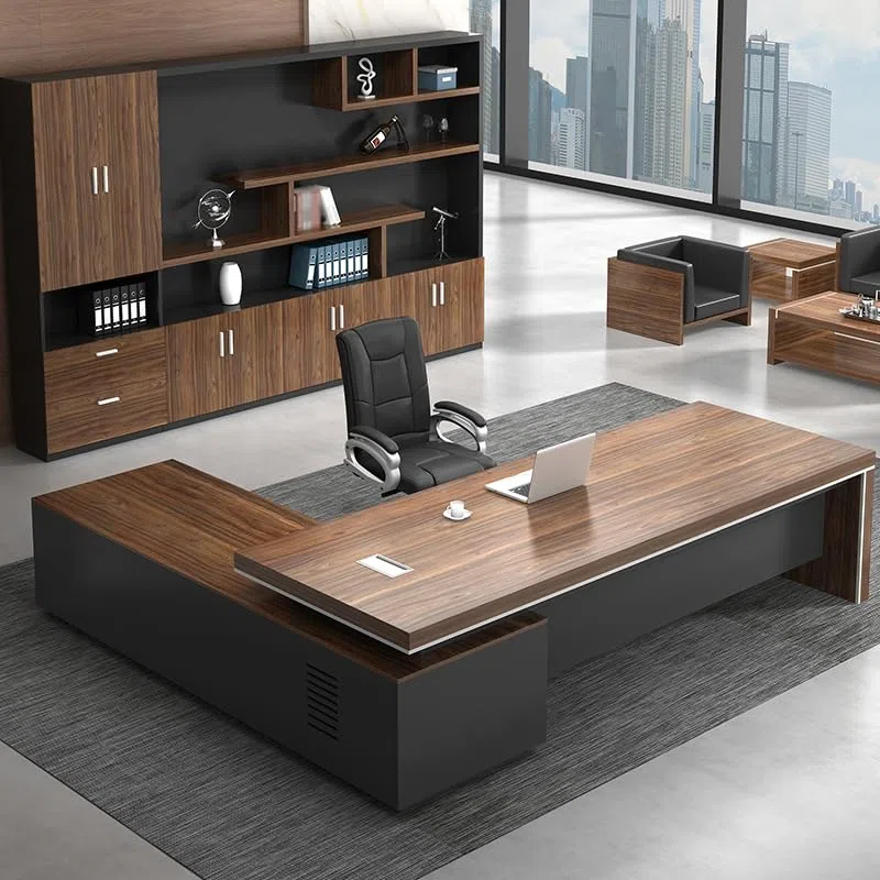Chefschreibtisch mit Holzplatte und eingebautem CPU-Speicher, Cheftisch, Computer-Wohnmöbel, Schubladen – ohne Stühle, Schrank auf der rechten Seite, 240,6 cm L x 160,2 cm B x 74,9 cm H