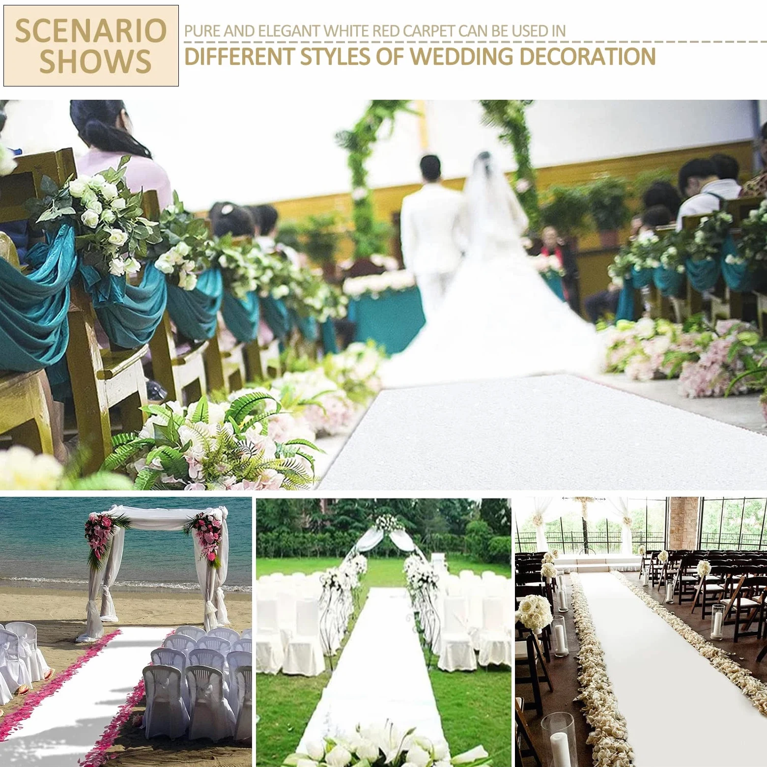 Weißer Teppichläufer 2 mm Polyester Hochzeitsgangläufer, rutschfeste Brautlaufstege Laufstegteppiche 10M 20M 30M Eventteppiche Empfangsteppich für Hochzeit Weihnachten Abschlussball Kirche im Freien (