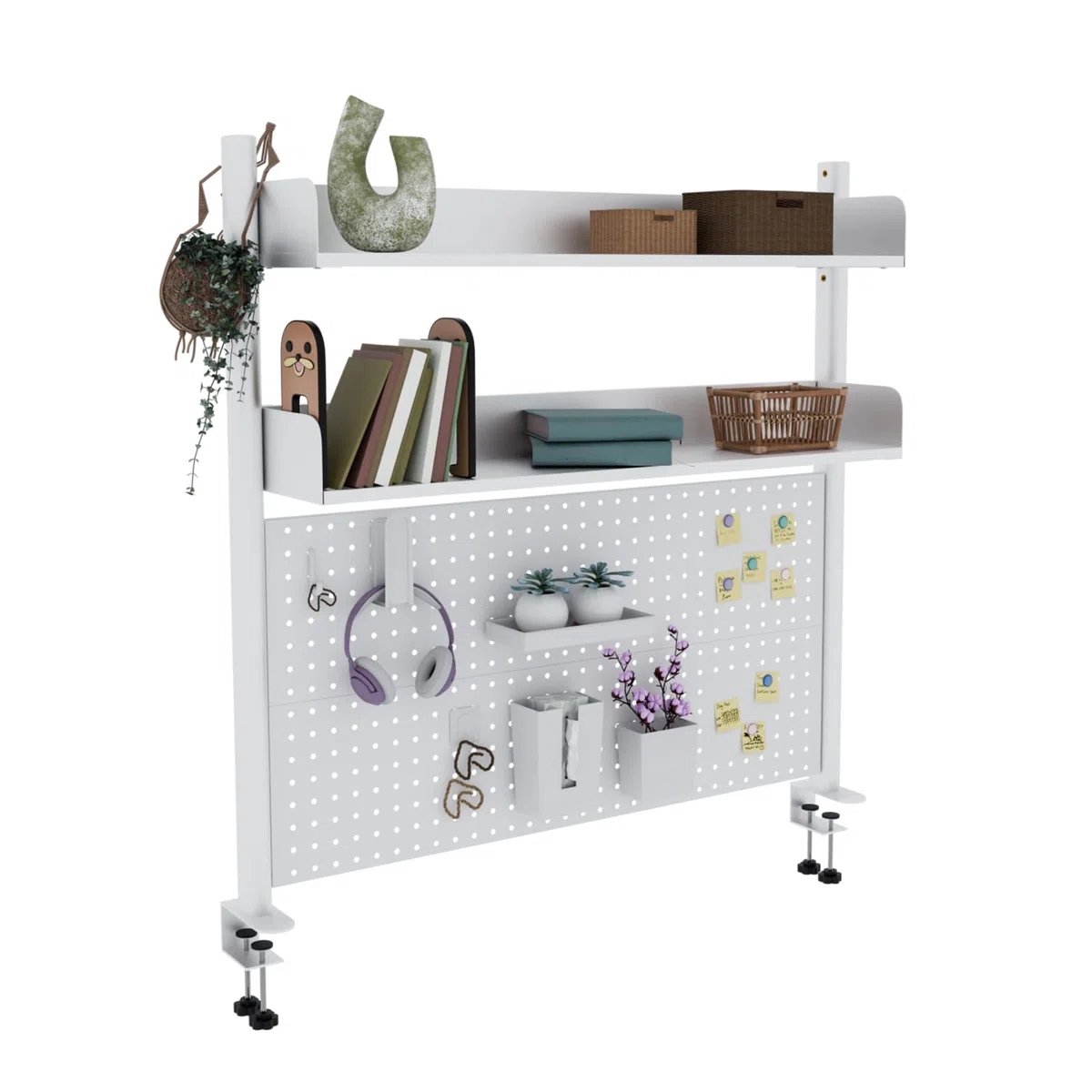 Schreibtischregal mit 2 Ebenen, zum Anklemmen, weiß, 100 cm, Bücherregal mit Lochwand, Aufbewahrungsorganisator für Zuhause, Büro oder Wohnheim