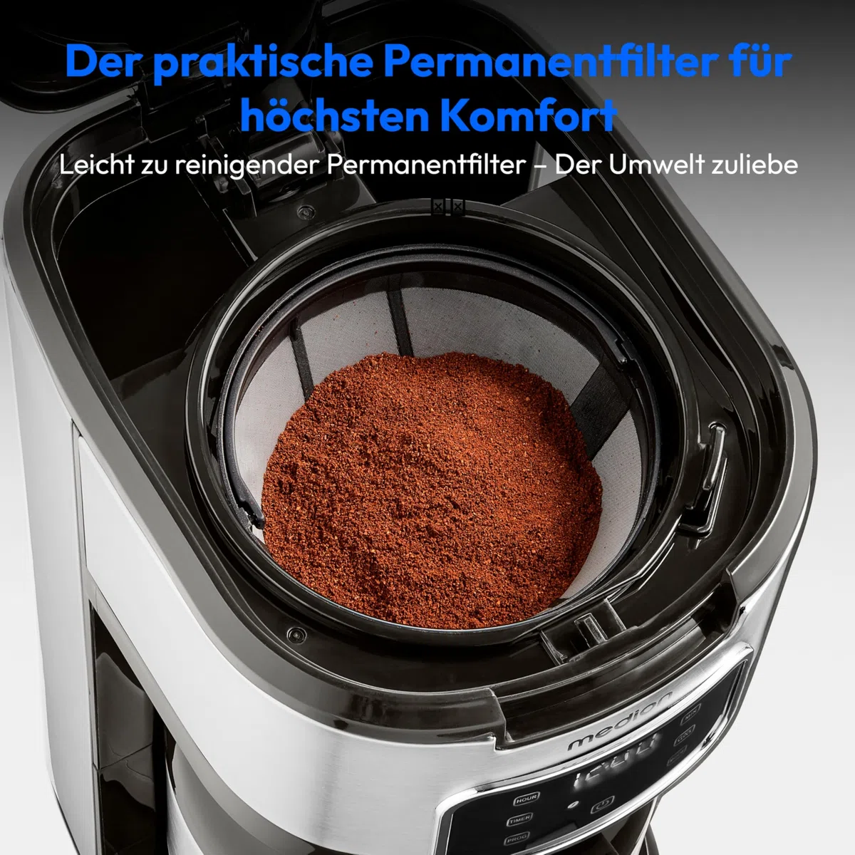 MEDION Kaffeemaschine mit Thermoskanne und Timer (Filtermaschine, 10 Tassen, 1,25 Liter, 900 Watt, Timer Zeitschaltuhr, Antitropf, Display, MD11019) edelstahl