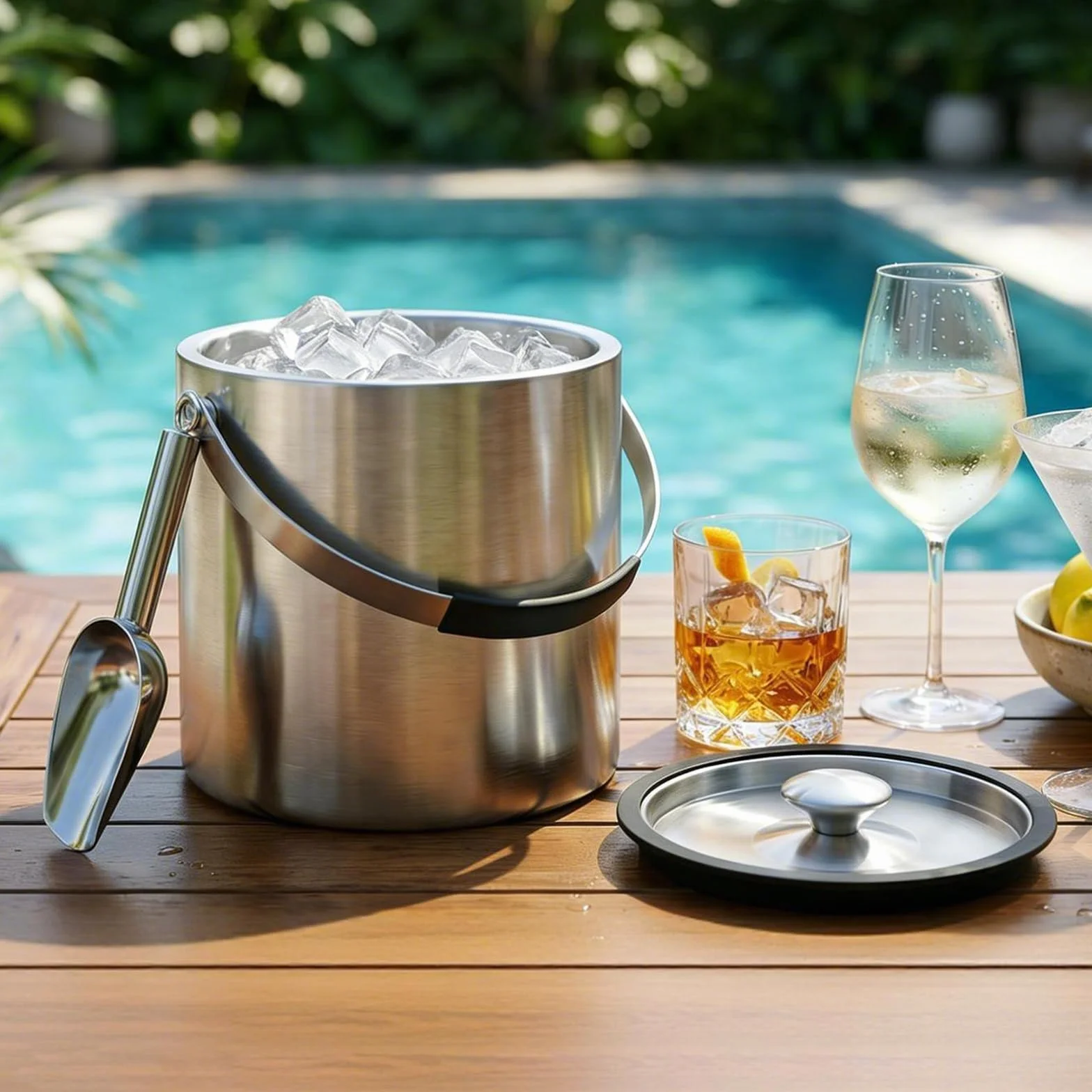 3,2L Eiswürfelbehälter mit Deckel Schaufel-Edelstahl Eiskübel Doppelwandiger Isolierter Eisbehälter für Eiswürfel Ideal zum Kühlen von Bier Champagner Wein und Obst