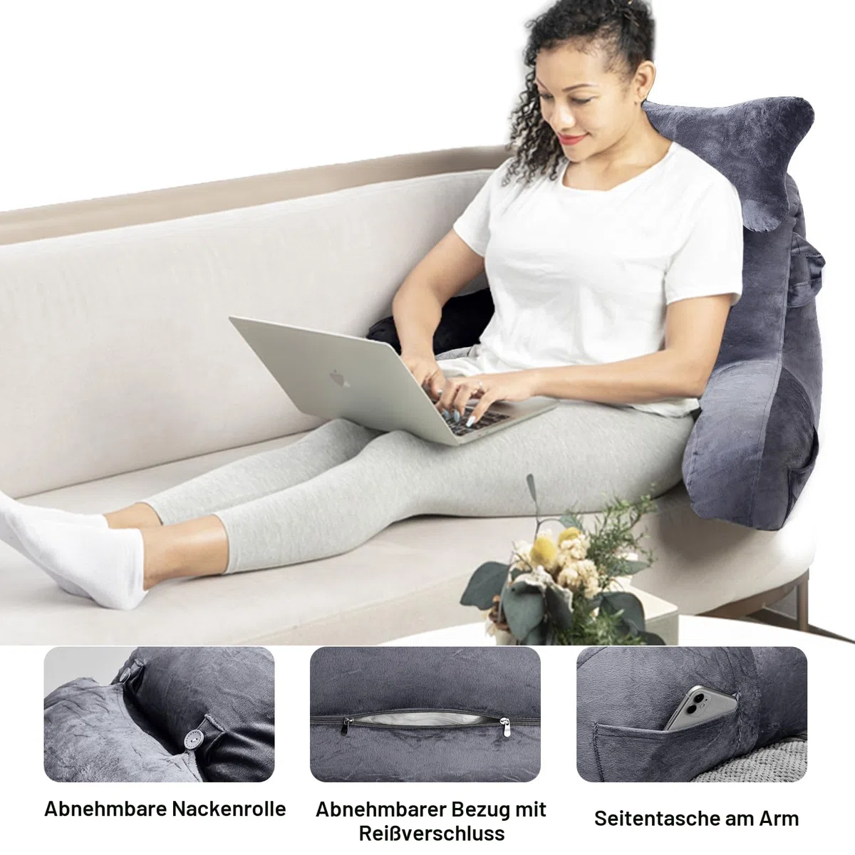 SLIGUY Lesekissen zum Sitzen im Bett Couch Erwachsene, Rückenkissen mit Taschen, Rückenkissen für Erwachsene Bettstuhl für Bettruhe, Lesen, Fernsehen, Gaming Dunkelgrau