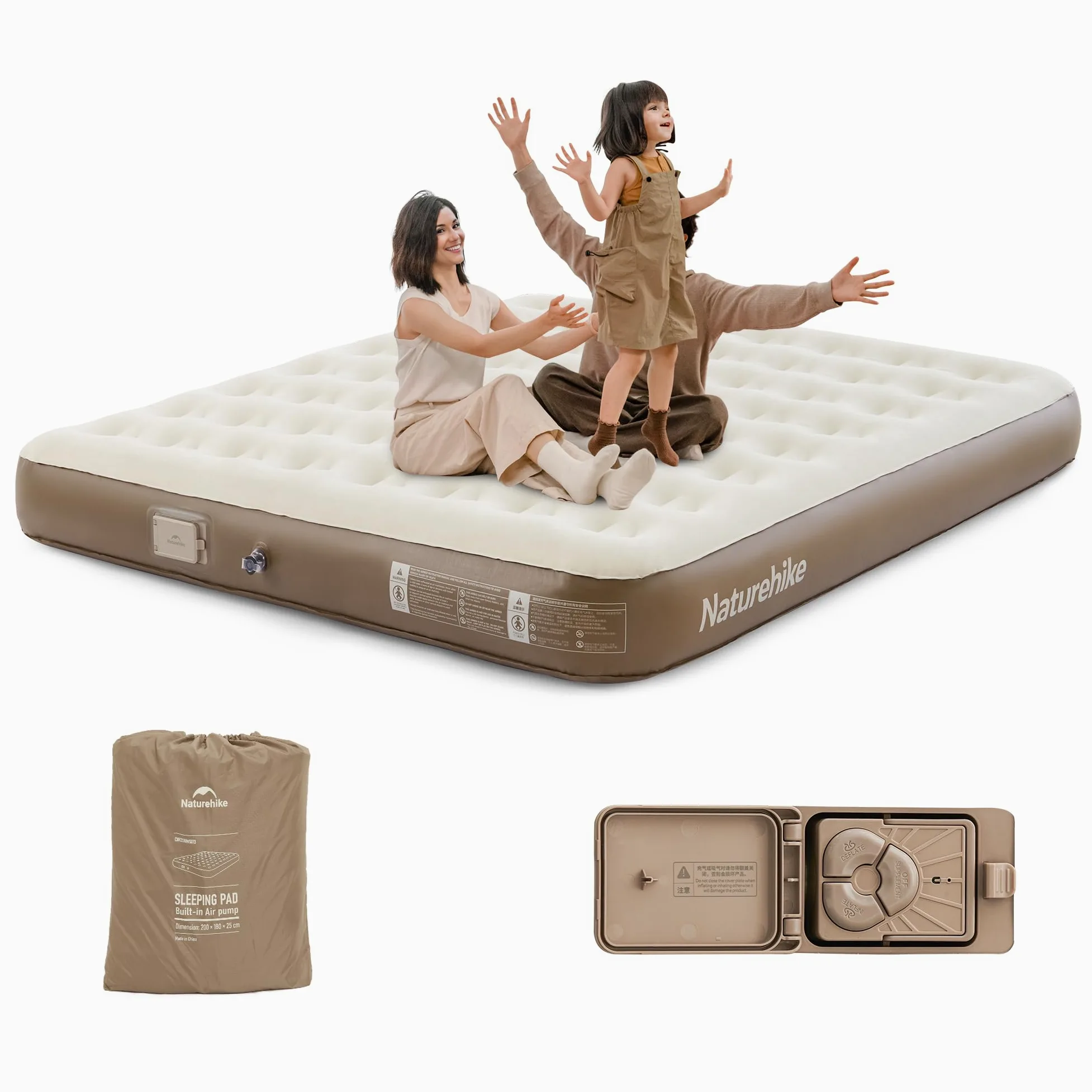 Naturehike Luftbett 3 Personen mit integrierter Pumpe, 200x180x25cm – Aufblasbare Matratze für Camping & Gästebett, Selbstaufblasend, Tragbar & Langzeitstabil, Ideal für Zuhause und Reisen