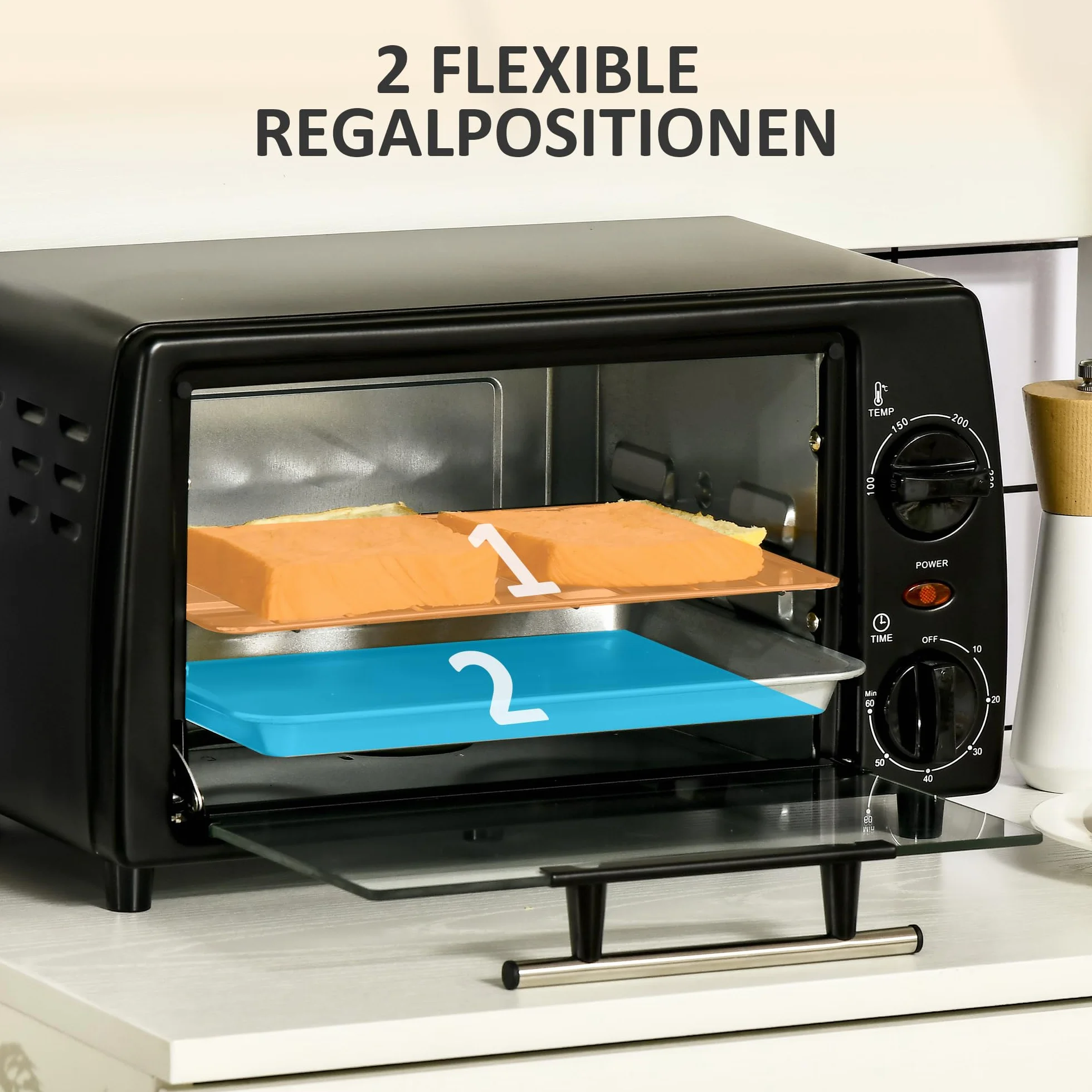 HOMCOM Mini Backofen 10 L 750W 100-230℃ 60 Min. Timer mit Backblech, Grillrost und Herausnehmbarer Bodenschale, Pizza-Ofen, Schwarz