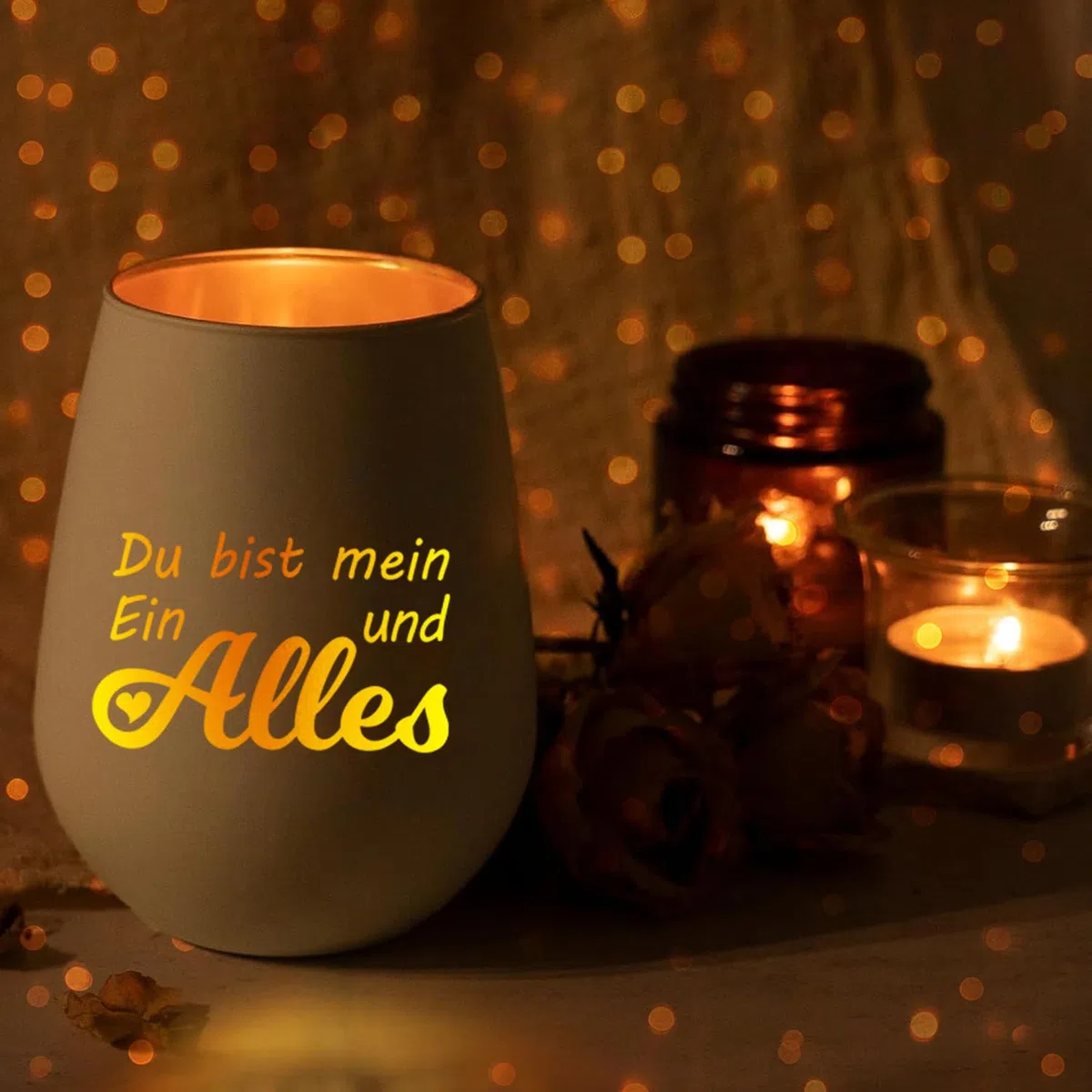 Windlicht “Du bist Mein EIN und Alles” – Romantischer Glas-Teelichthalter mit rosa Geschenkbox, Hochzeitsgeschenk, Verlobungsgeschenk & Jahrestag Geschenk für sie (Ohne Kerze)