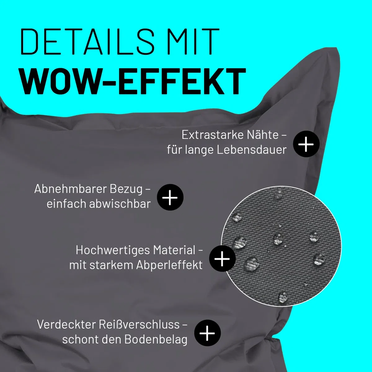 Lumaland Riesen-Sitzsack XXL 140x180 cm | Wasserfestes Indoor & Outdoor Liegekissen mit über 3 Mio. anpassungsfähigen EPS-Perlen | Bean Bag mit waschbarem Bezug [Anthrazit]