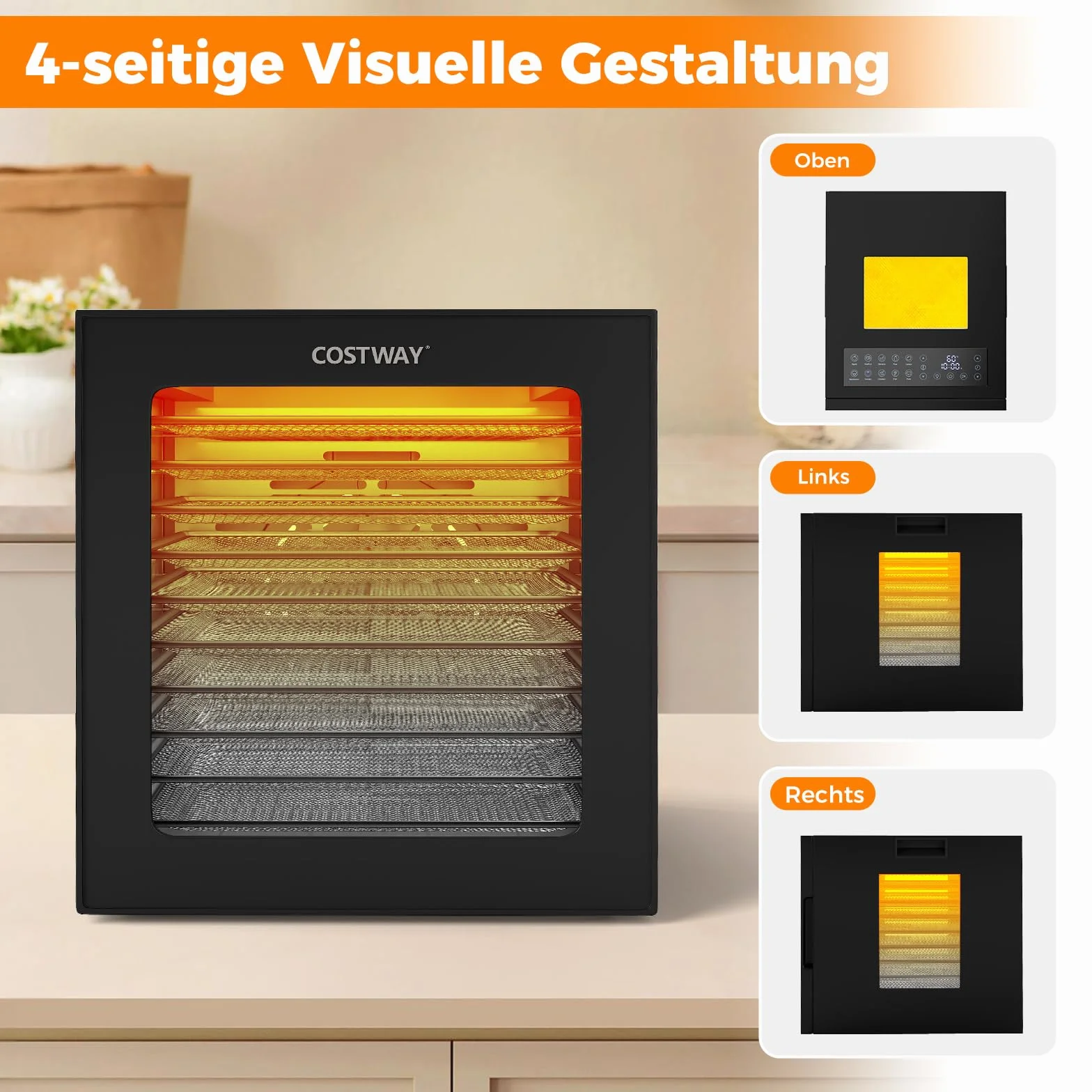 COSTWAY 850W Dörrautomat inkl. 10 Edelstahl-Schalen, Dörrgerät mit 10 voreingestellten Programmen, 48H Timer & 30-75℃ Temperatur, Lebensmittel-Trockner für Obst, Gemüse, Fleisch