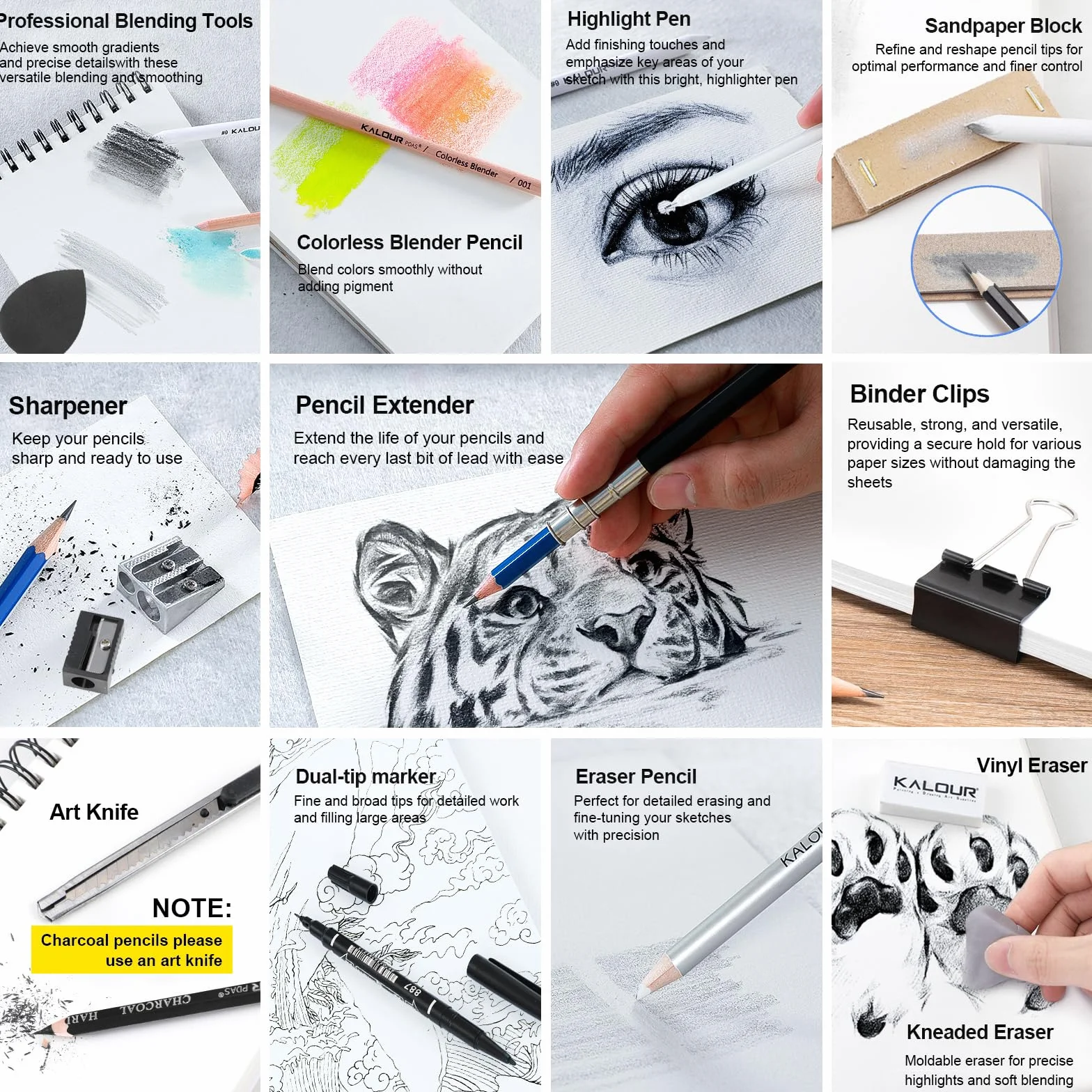 KALOUR PDAS 109 Zeichen Set Skizzenset, Pro Kunstbedarf mit Neon-, Farbstiften, Aquarell-, Metallic-, Graphit- und Kohlepenseln, 6 Skizzenbüchern und Malbuch, Geschenk für Erwachsene, Teenager