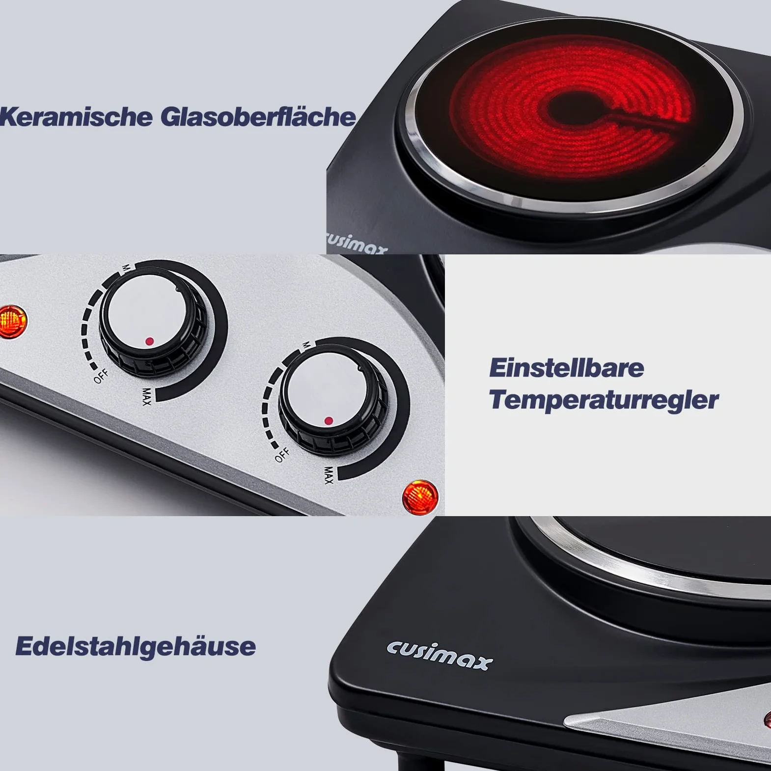 Doppelkochplatte, CUSIMAX 2100W kochfeld 2 platten mit Infrarot-Wärme, mobile herdplatte 2 kochfelder für camping, Edelstahl kochplatten 2er elektrisch mit einstellbarer Temperatur, Schwarz