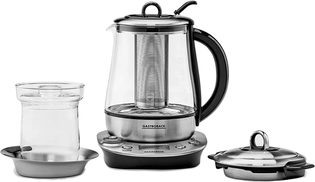 Gastroback 42438 Design Tea and More Advanced Automatischer Teekocher und Wasserkocher, Multifunktionsgarer, Edelstahl/Glas
