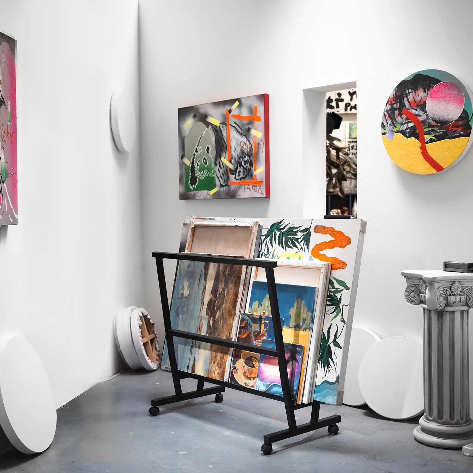 MEEDEN Kunstdruckregal - Trockengestell mit Rollcastern - Metallregal zur Präsentation von Kunstwerken Postern Drucken - Schwarz