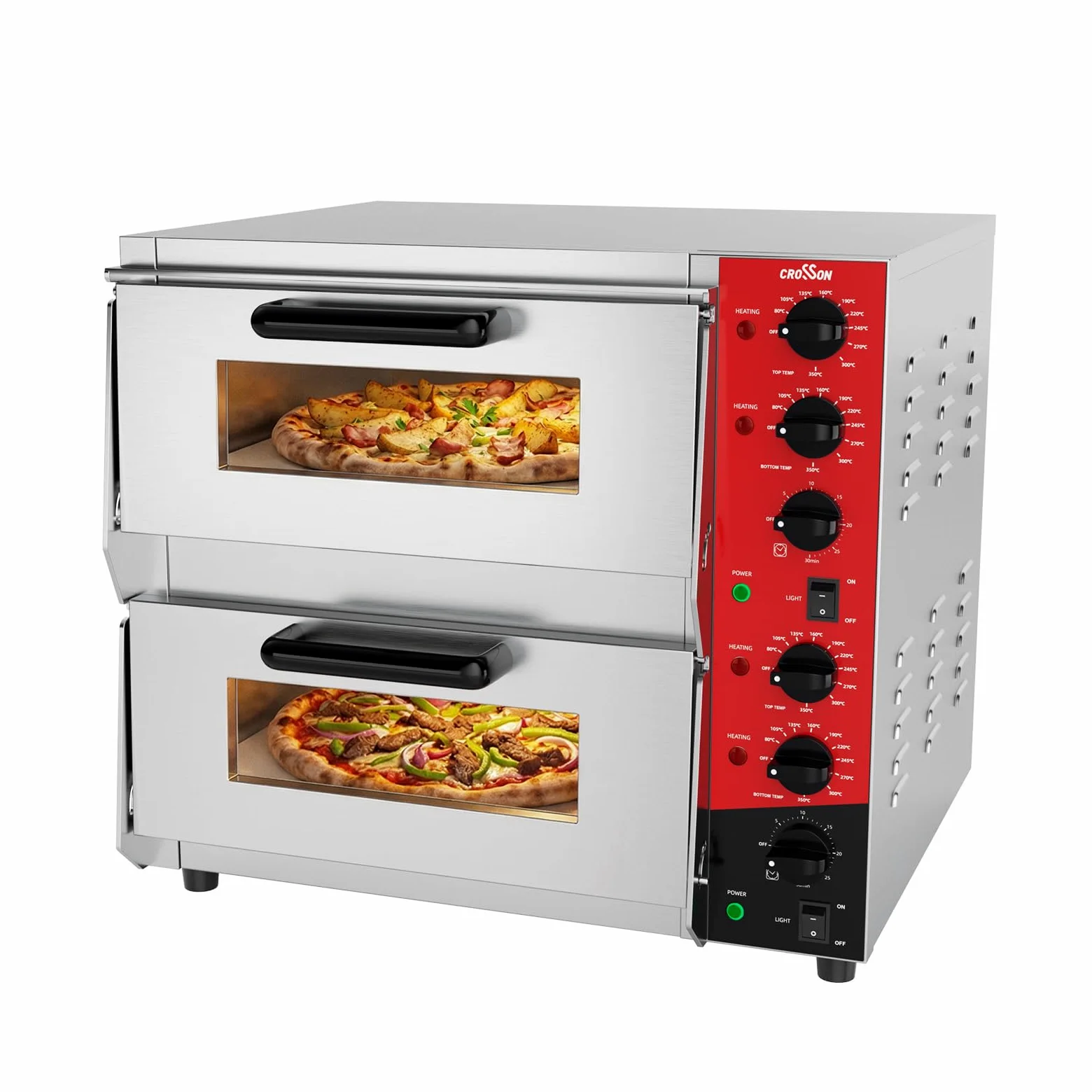 CROSSON Professional Doppel Pizzaofen mit 400x400 mm Schamottstein,Kommerzieller Pizzabackofen Elektrisch Edelstahl mit 30-Minuten-Timer 350℃ für Pizza, Brot und Backwaren,4000W
