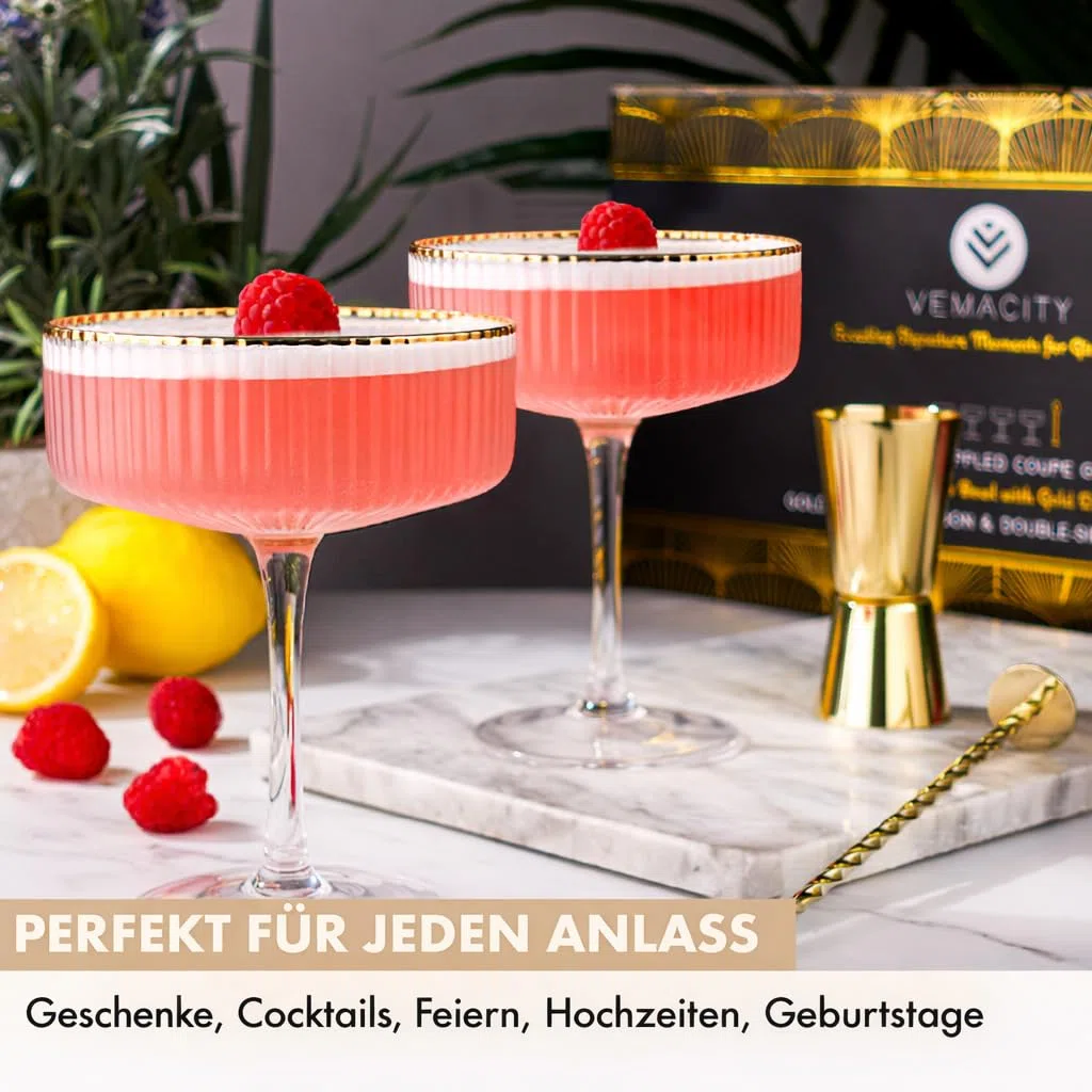Vemacity Cocktail Set– Glas Cocktail Shaker (500ml) + 2 Espresso Martini Gläser mit Goldrand, Bar Spoon & Jigger | Barkeeper-Set | Cocktailgläser + Cocktailshaker | Ideal zum Verschenken
